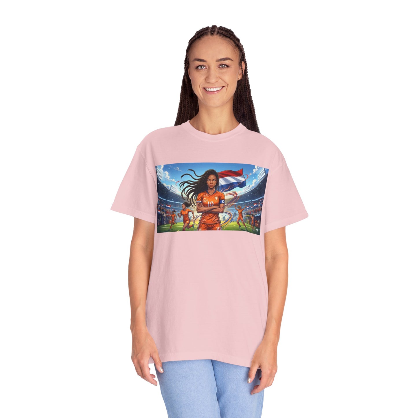 Soccer Warrior T-Shirt — Netherlands Female Captain with Flag Stadium Graphic