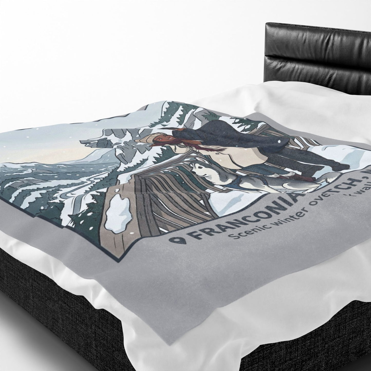Velveteen Blanket — Franconia Notch NH Winter Scenic Throw with Couple & Husky