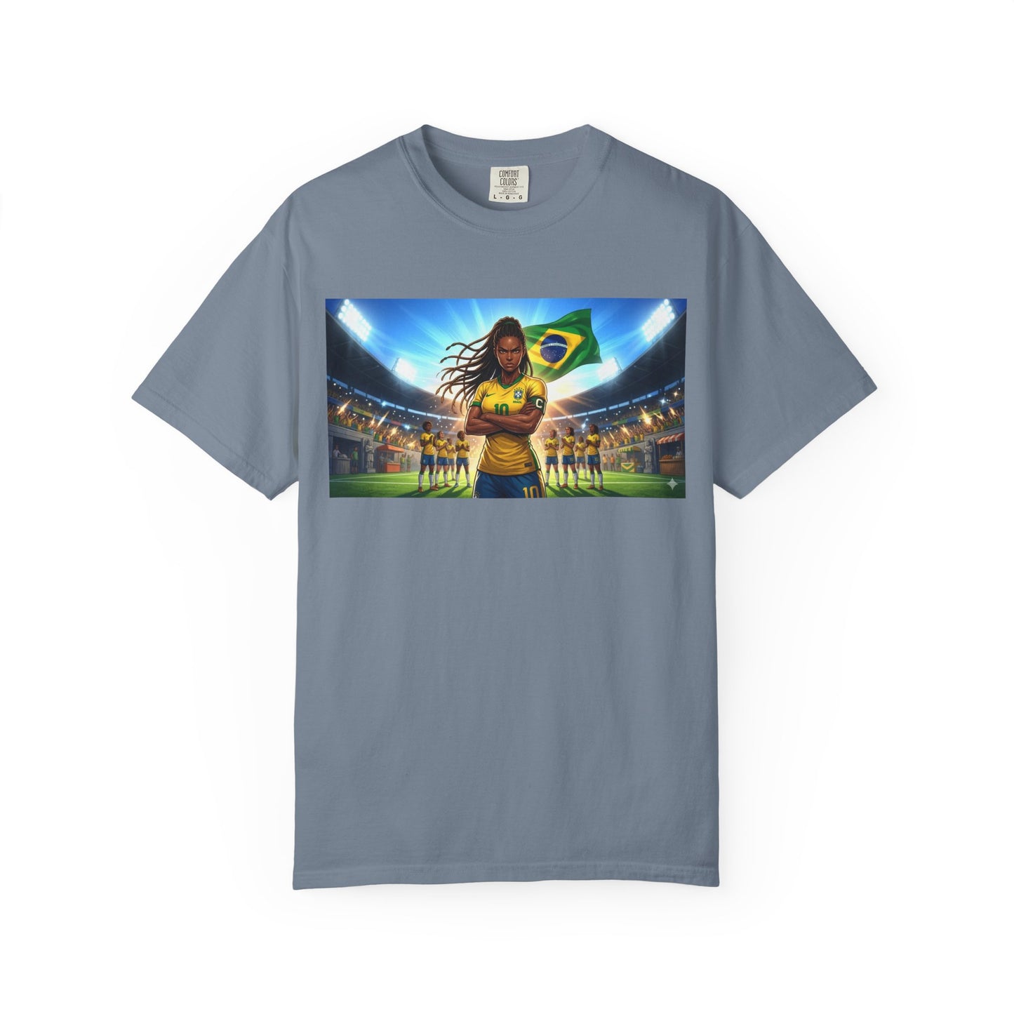 Brazil Soccer Captain T-Shirt — Player Holding Ball with Brazilian Flag Stadium Graphic