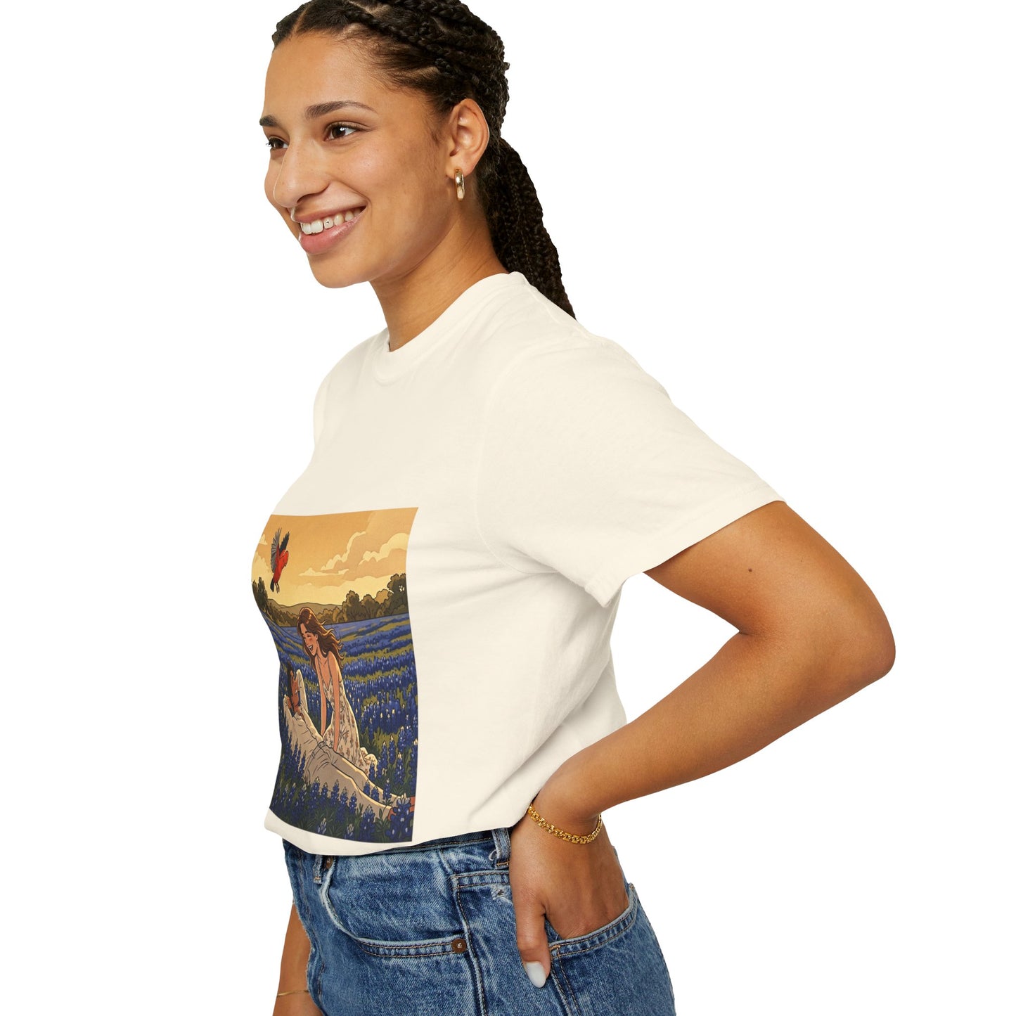 Romantic Bluebonnet Field T-Shirt — Couple in Wildflower Meadow Art Tee