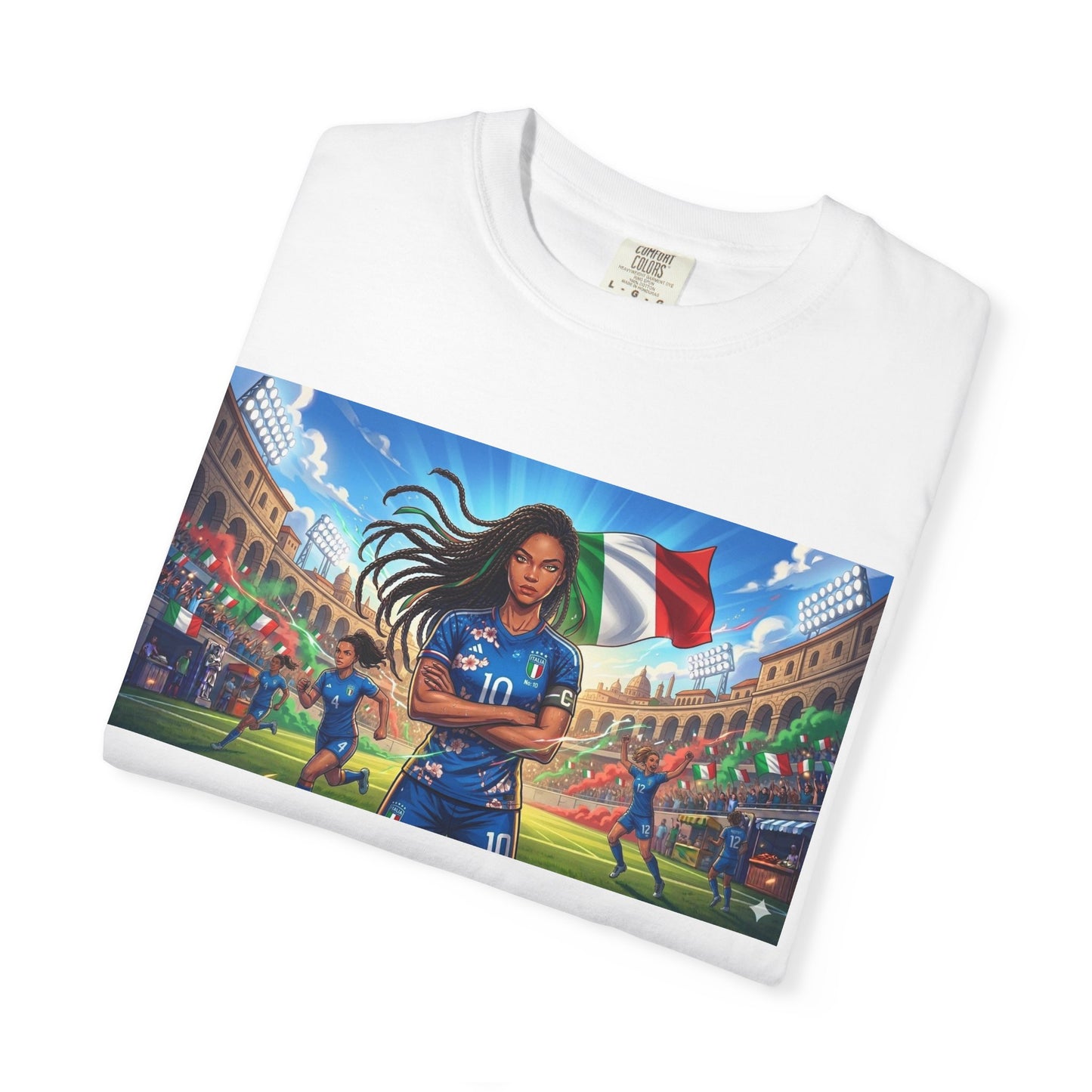 Italian Soccer Fan T‑Shirt – Inspirational Female Player with Italy Flag Stadium Print