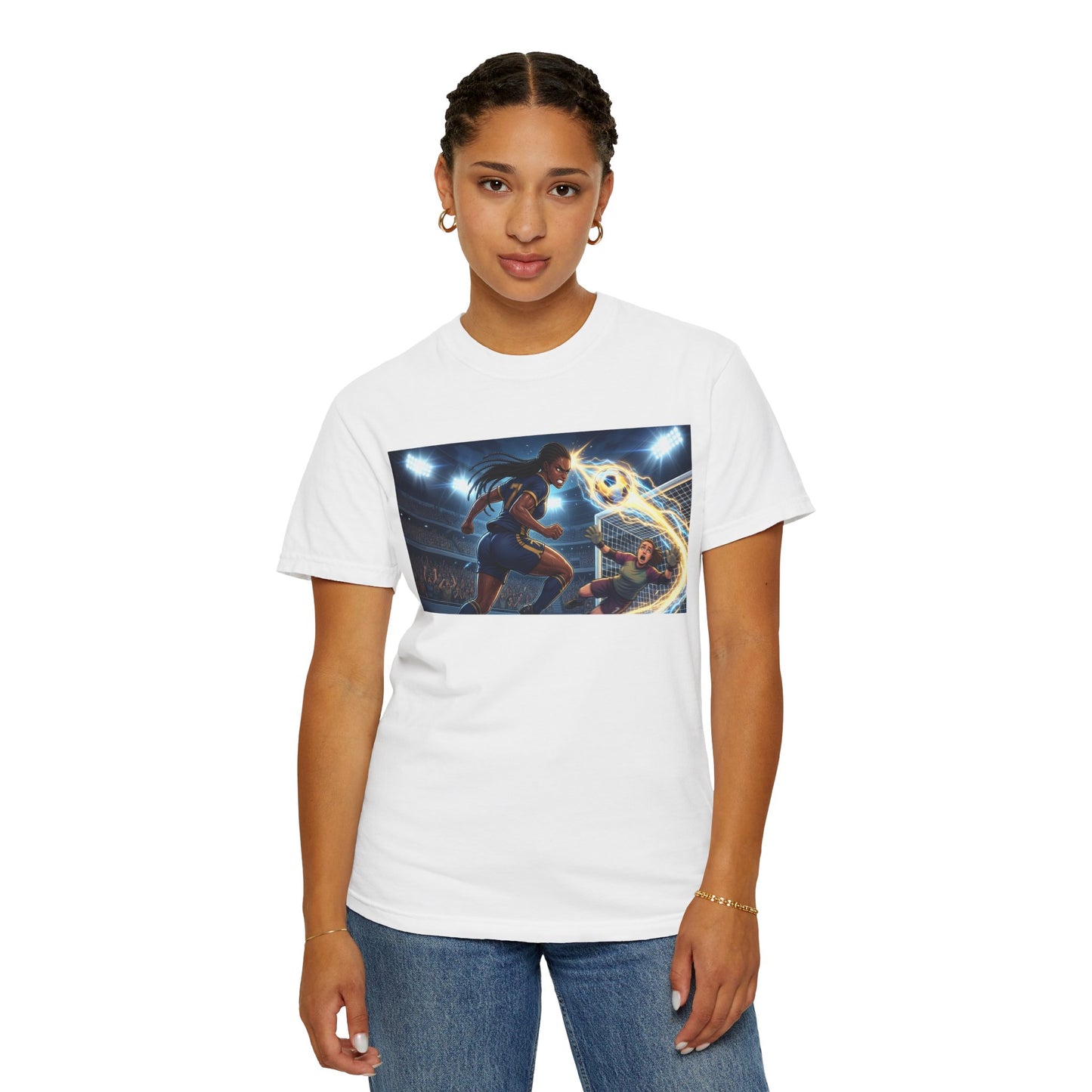 Soccer Duel Graphic T-Shirt — Futuristic Goalkeeper vs Striker Stadium Print