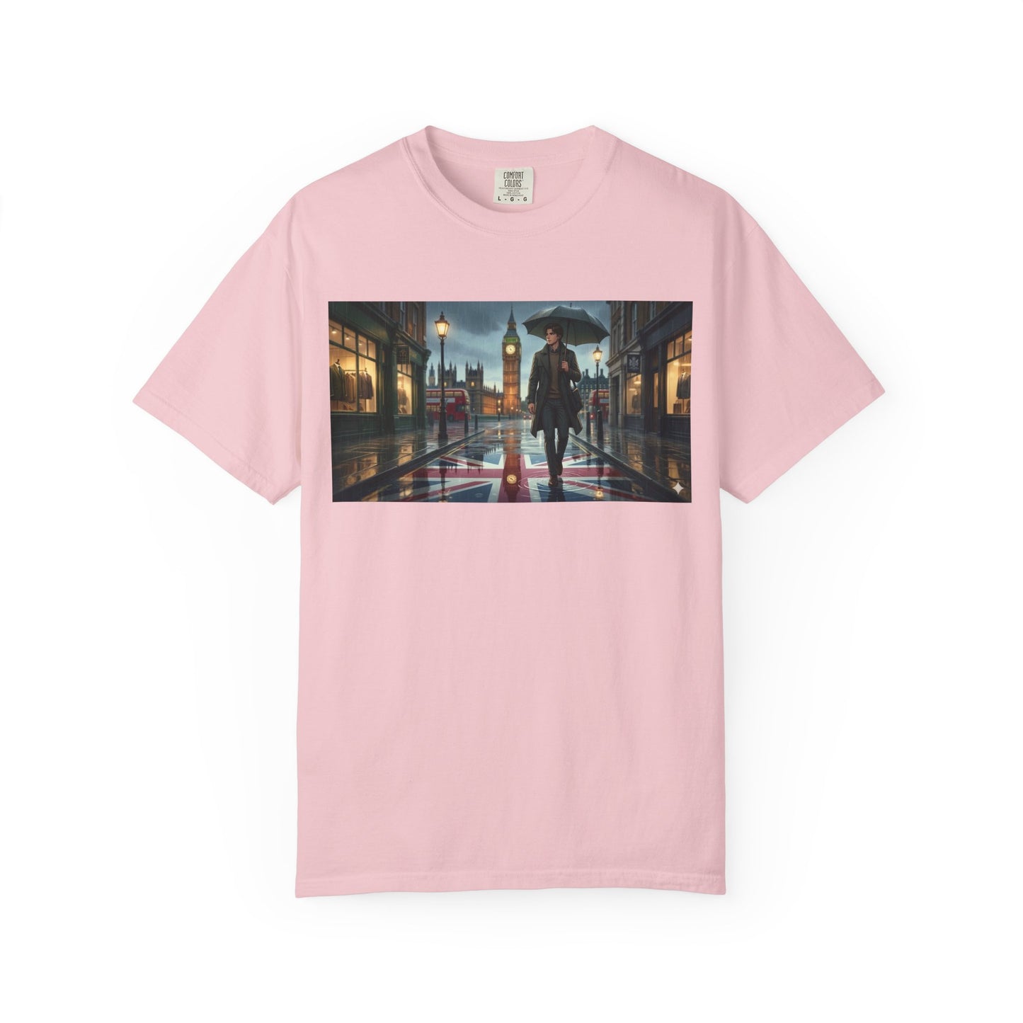 T-Shirt — Rainy London Street Scene Graphic Tee (Big Ben, Umbrella, Night Cityscape)