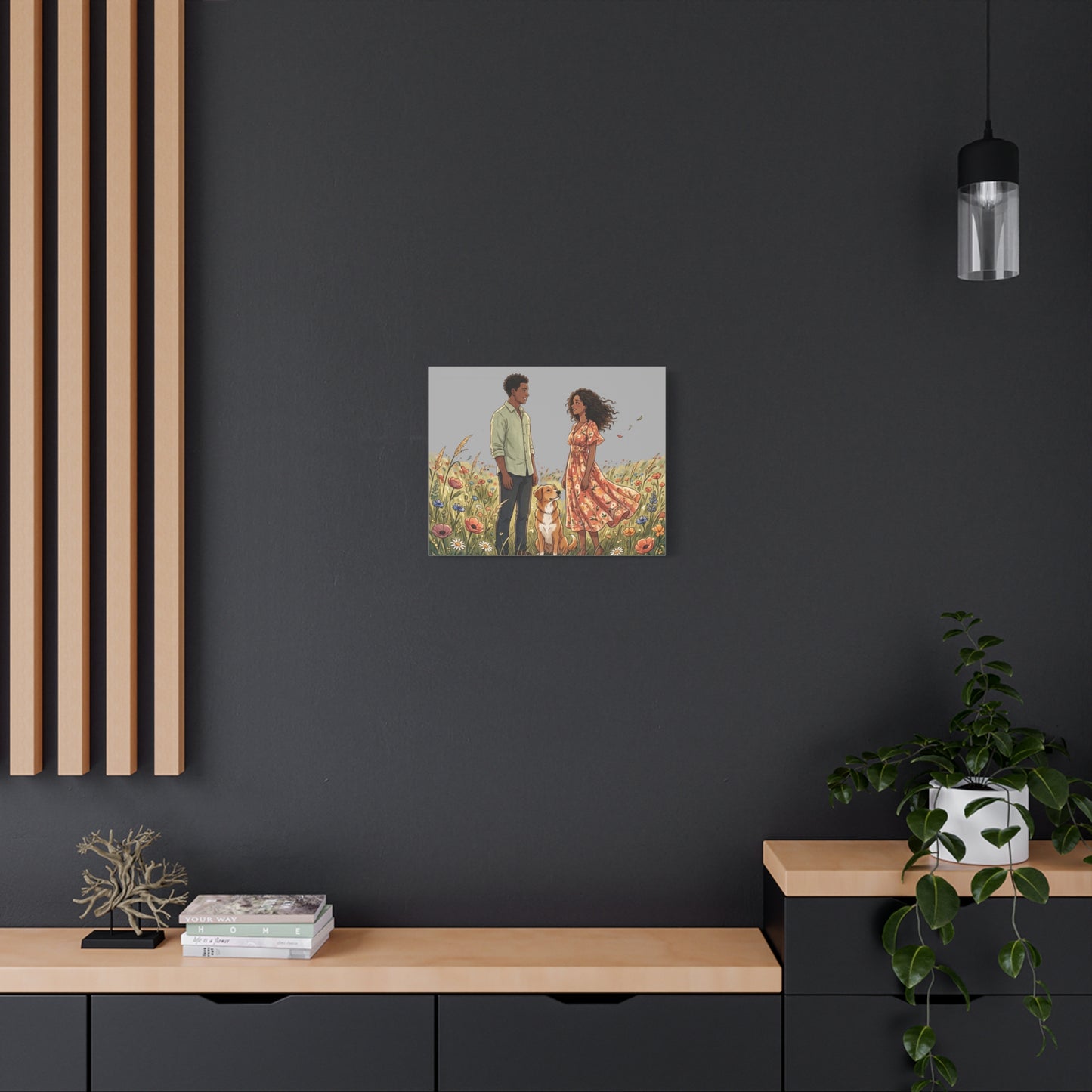 Romantic Couple in Wildflower Field Canvas Art — Black Love Wall Decor with Dog