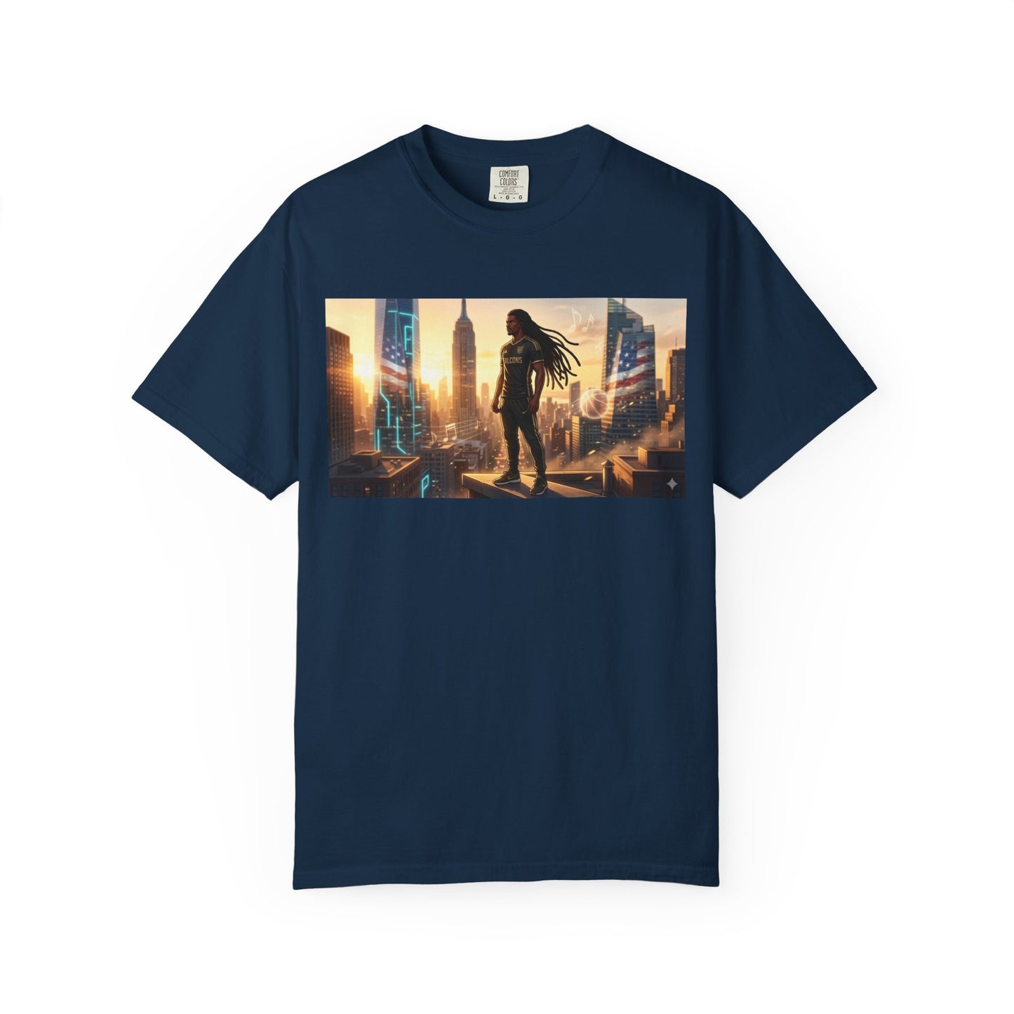 Cyberpunk Cityscape T-Shirt — Silhouette Hero at Sunset