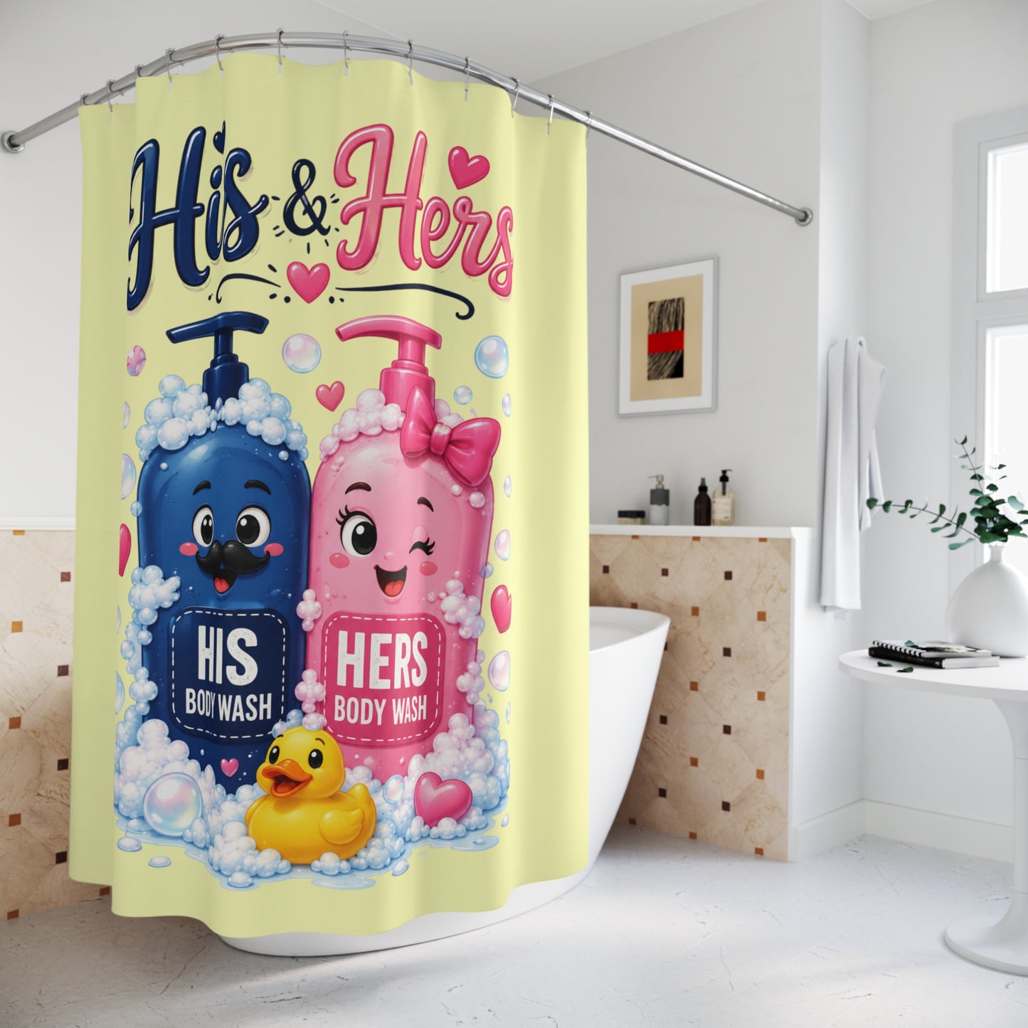 His & Hers Shower Curtain – Cute Blue & Pink Body Wash Design with Hearts and Rubber Duck