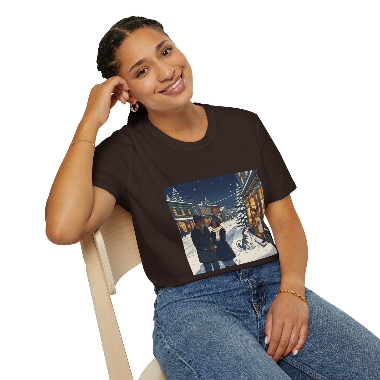 Winter String Lights Stroll T-Shirt — Cozy Holiday Street Scene Graphic Tee