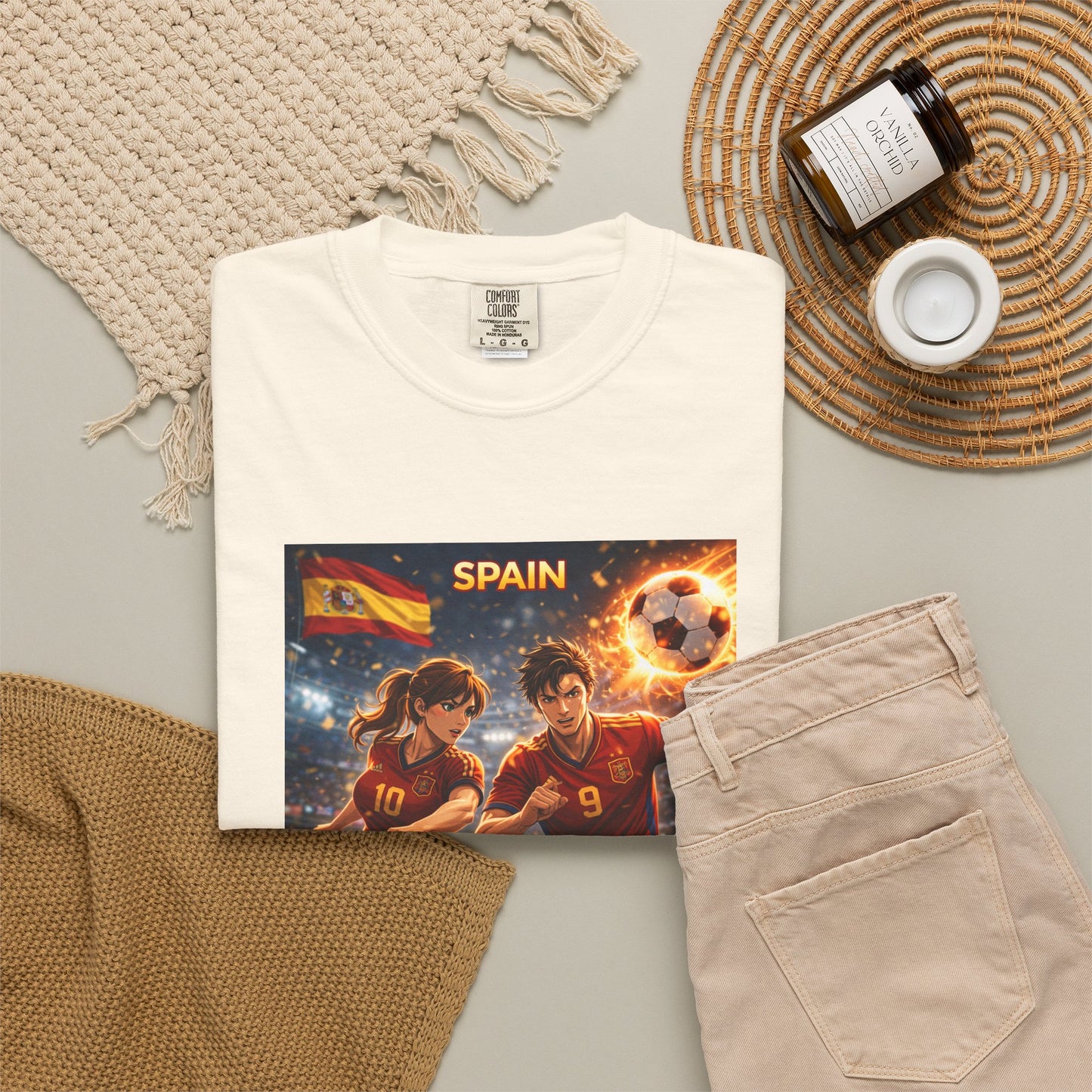 Spain Soccer Graphic T-Shirt — Retro Match Scene with Flag