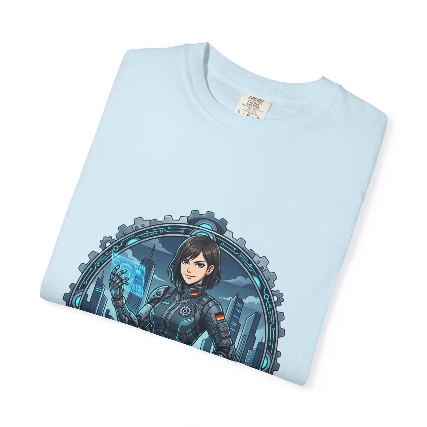 Cyber Ninja Graphic T-Shirt — Futuristic Female Warrior Illustration