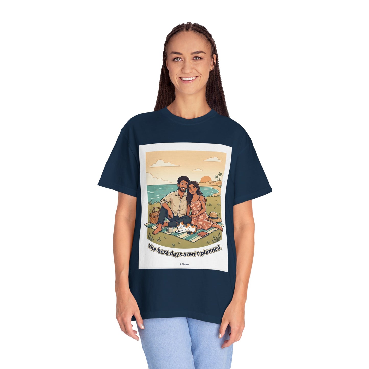 Beach Picnic Couple T‑Shirt — “The best days aren’t planned.” Relaxed Vacation Tee