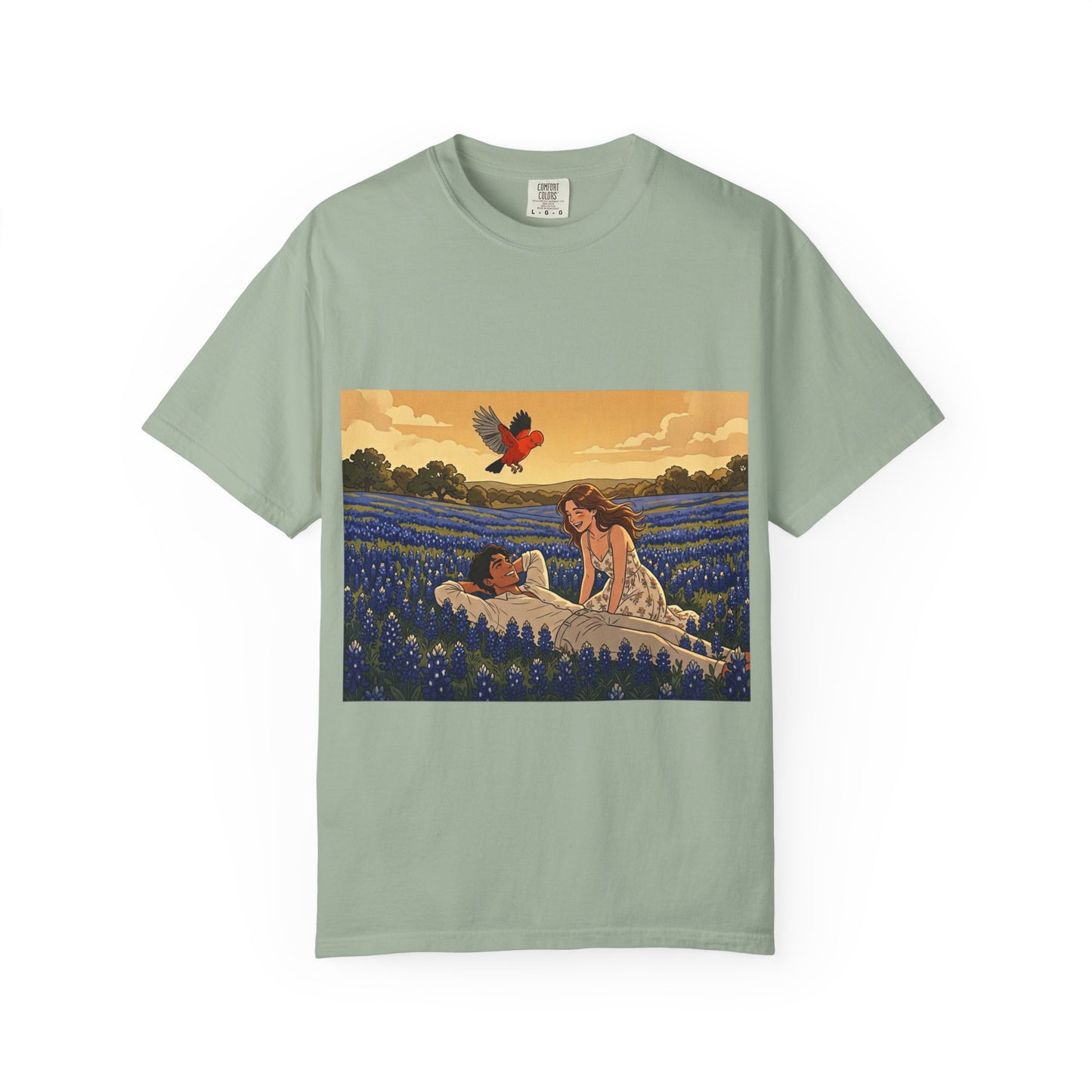 Romantic Bluebonnet Field T-Shirt — Couple in Wildflower Meadow Art Tee