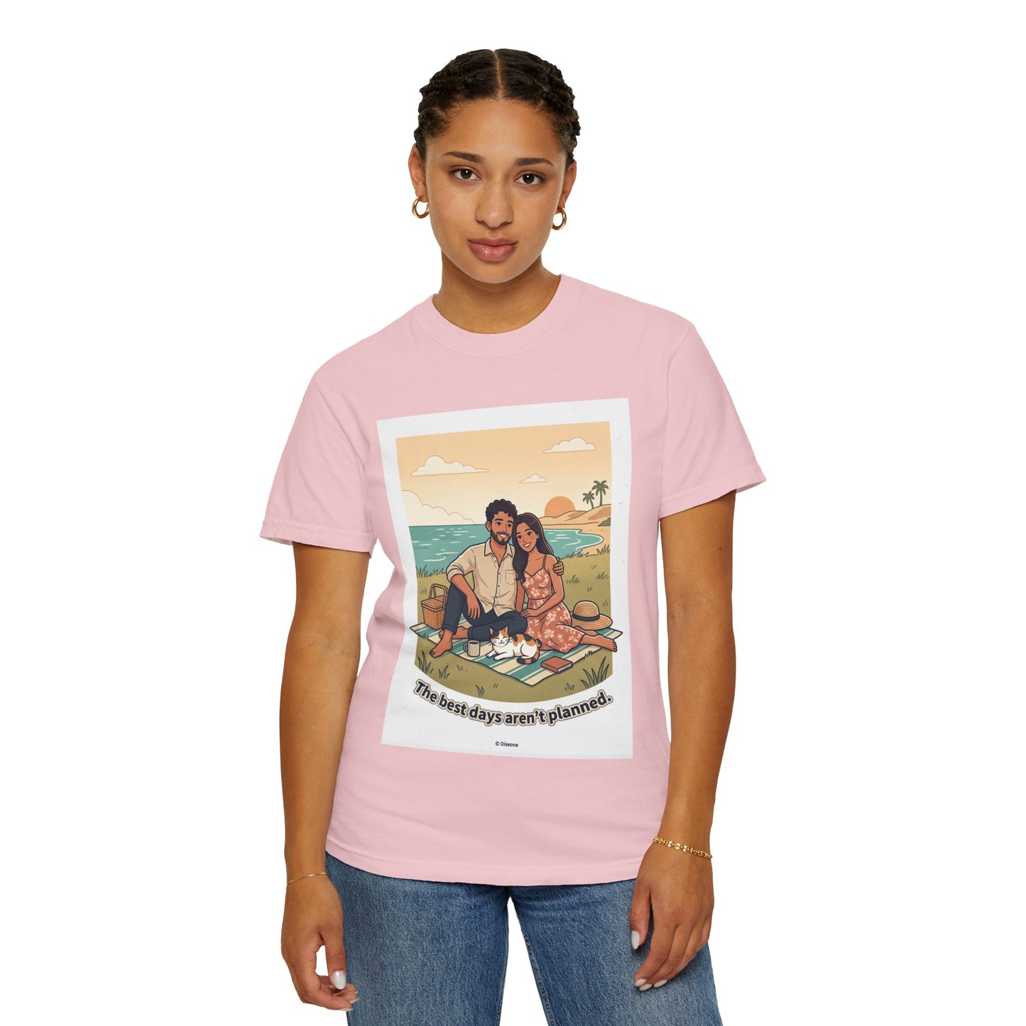 Beach Picnic Couple T‑Shirt — “The best days aren’t planned.” Relaxed Vacation Tee