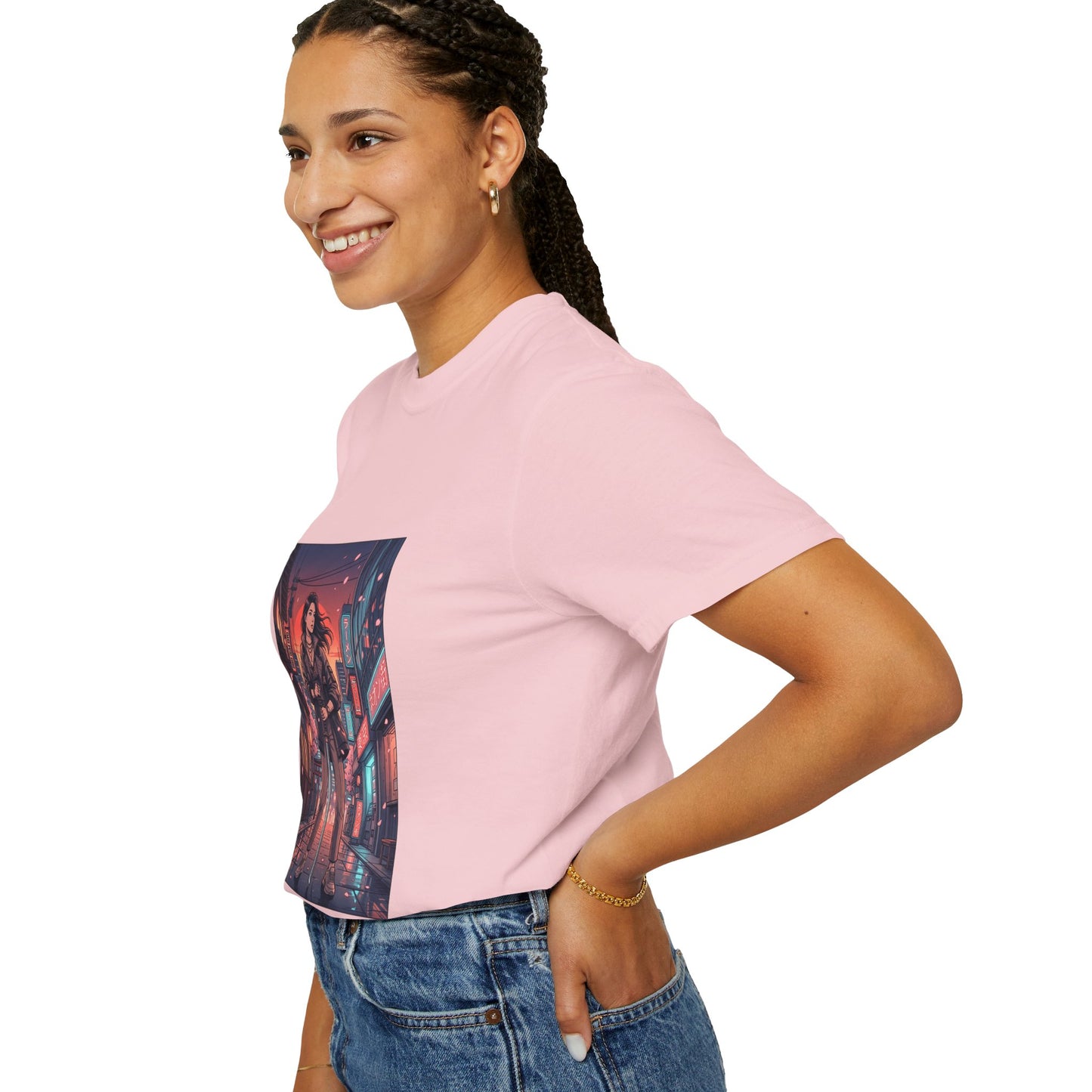 Cyberpunk Night Streets T‑Shirt — Neon Samurai Girl Graphic Tee