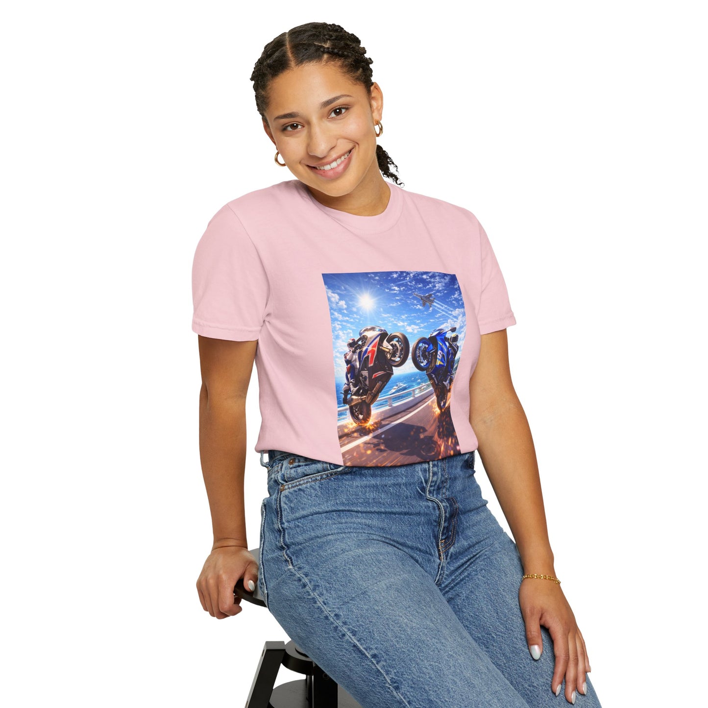 Stunt Riders Motorcycle T-Shirt — Two Bike Wheelie Racing Graphic Tee