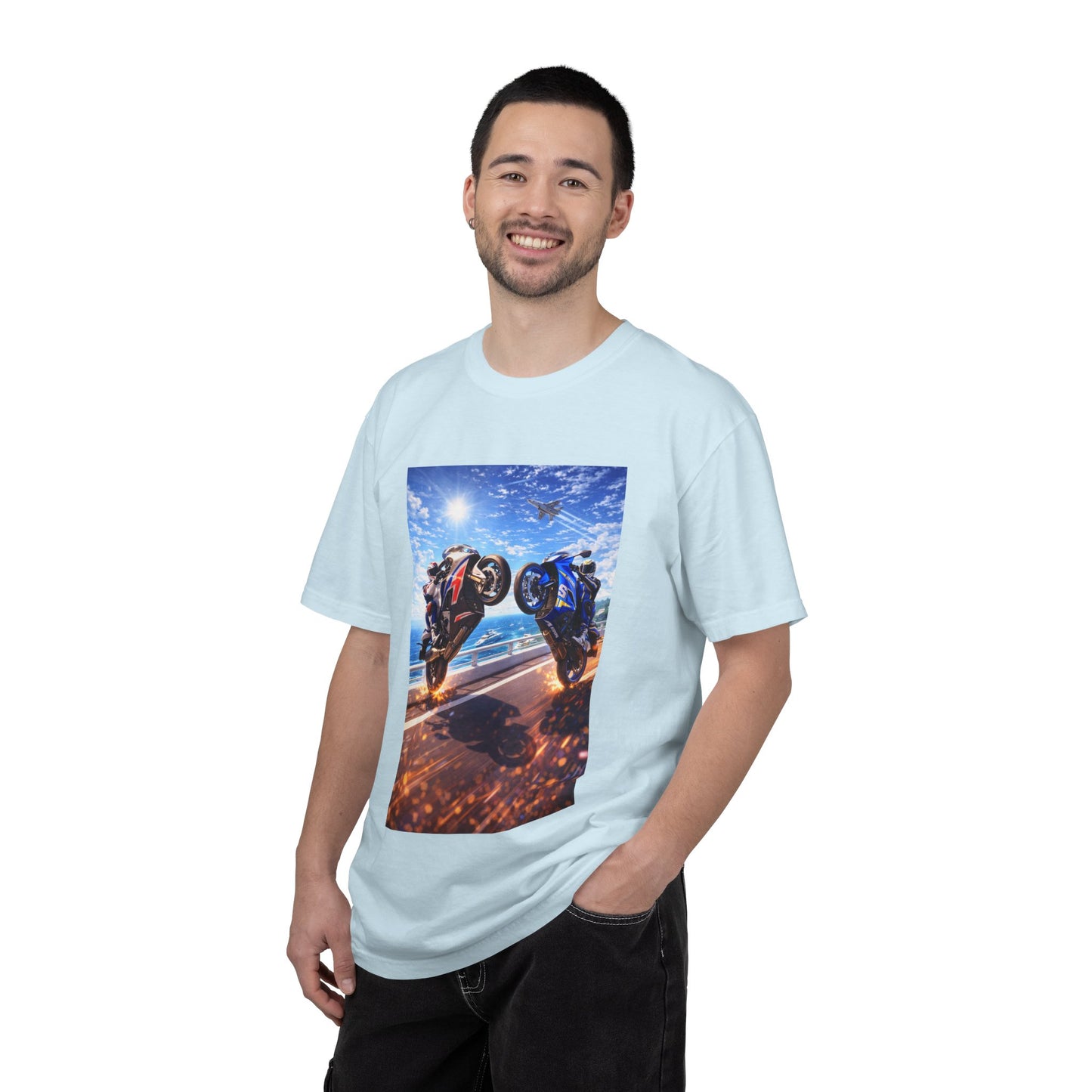 Stunt Riders Motorcycle T-Shirt — Two Bike Wheelie Racing Graphic Tee