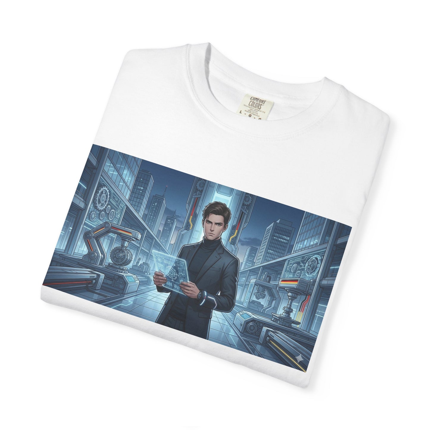 Cyberpunk Detective T-Shirt — Futuristic Noir Cityscape Graphic Tee