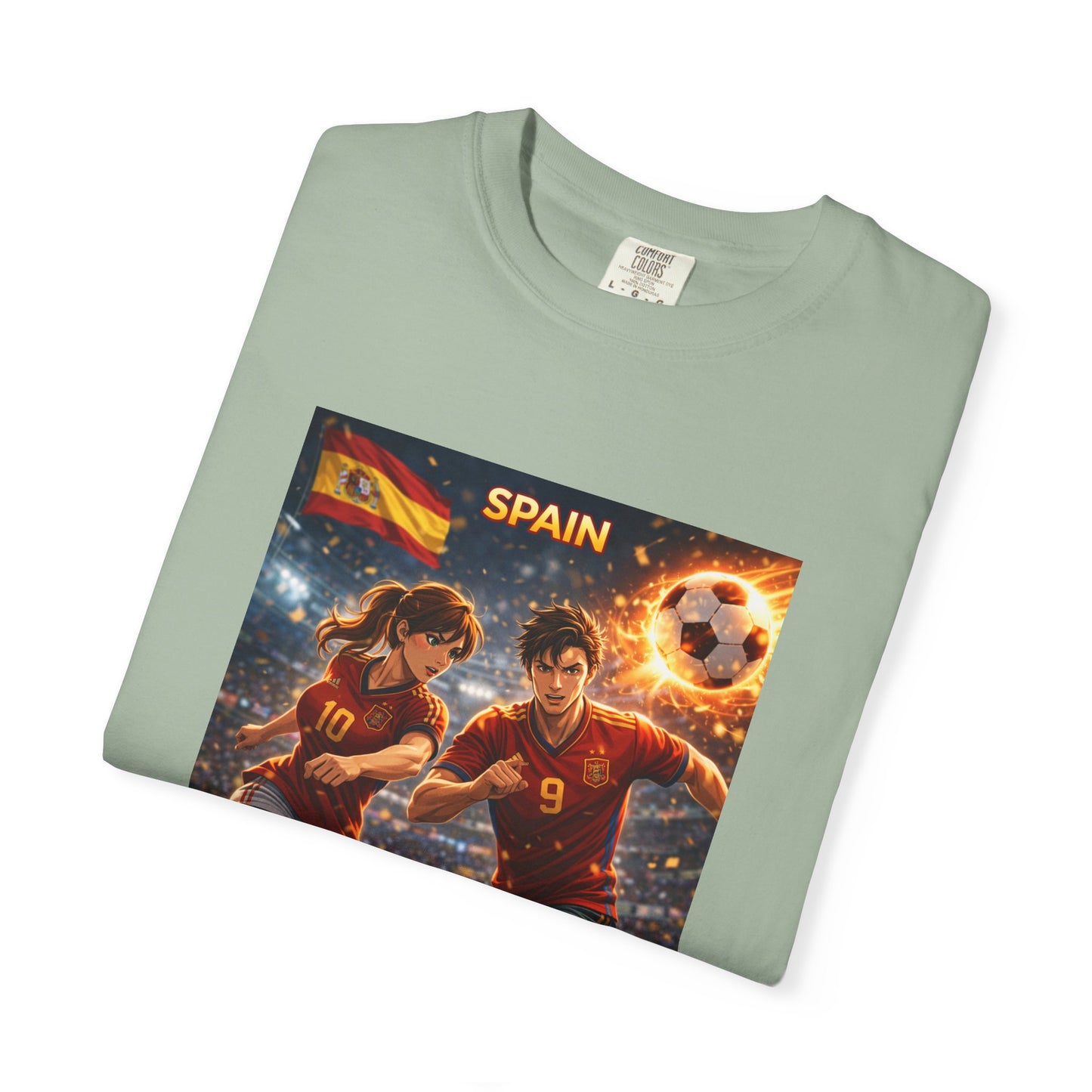 Spain Soccer Graphic T-Shirt — Retro Match Scene with Flag