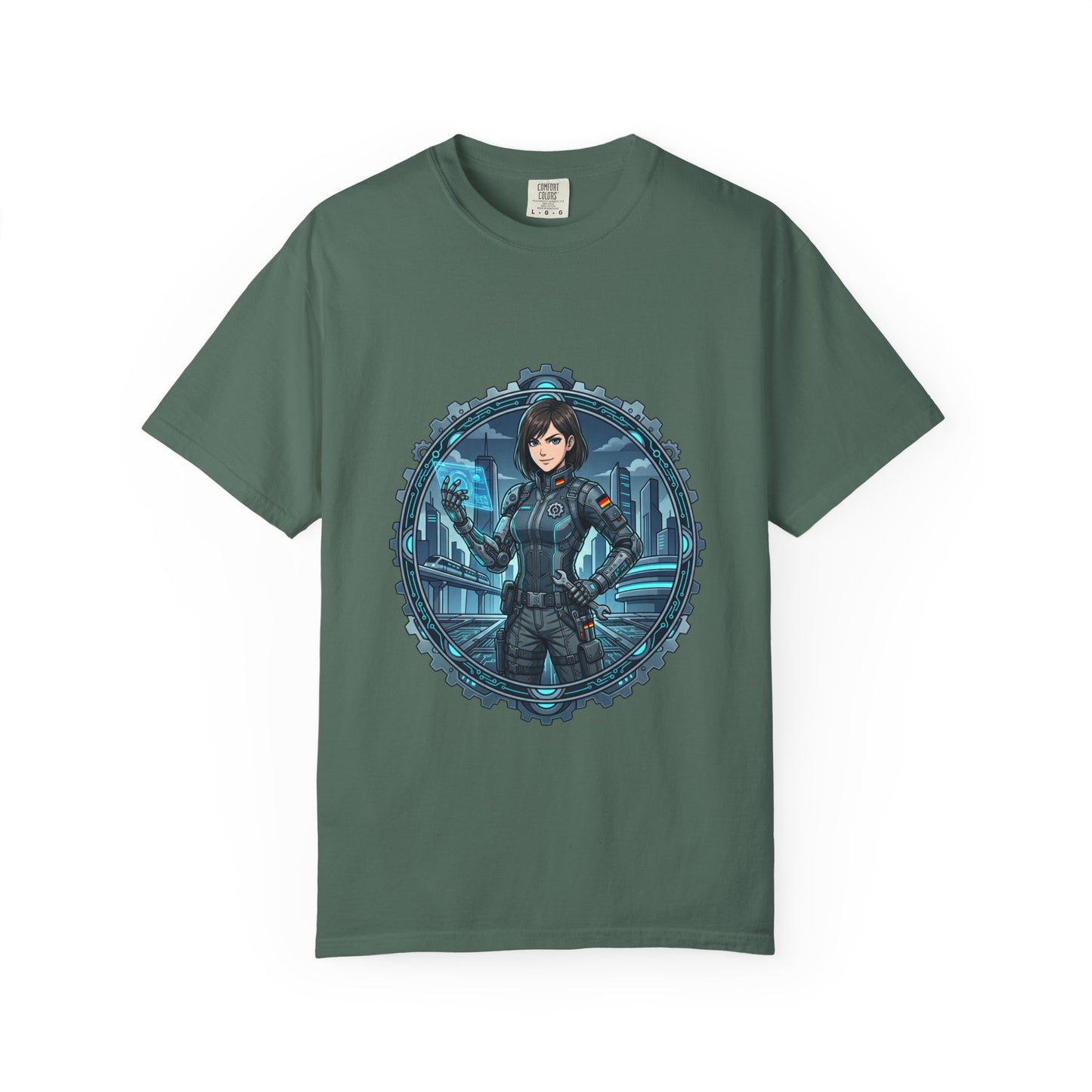 Cyber Ninja Graphic T-Shirt — Futuristic Female Warrior Illustration