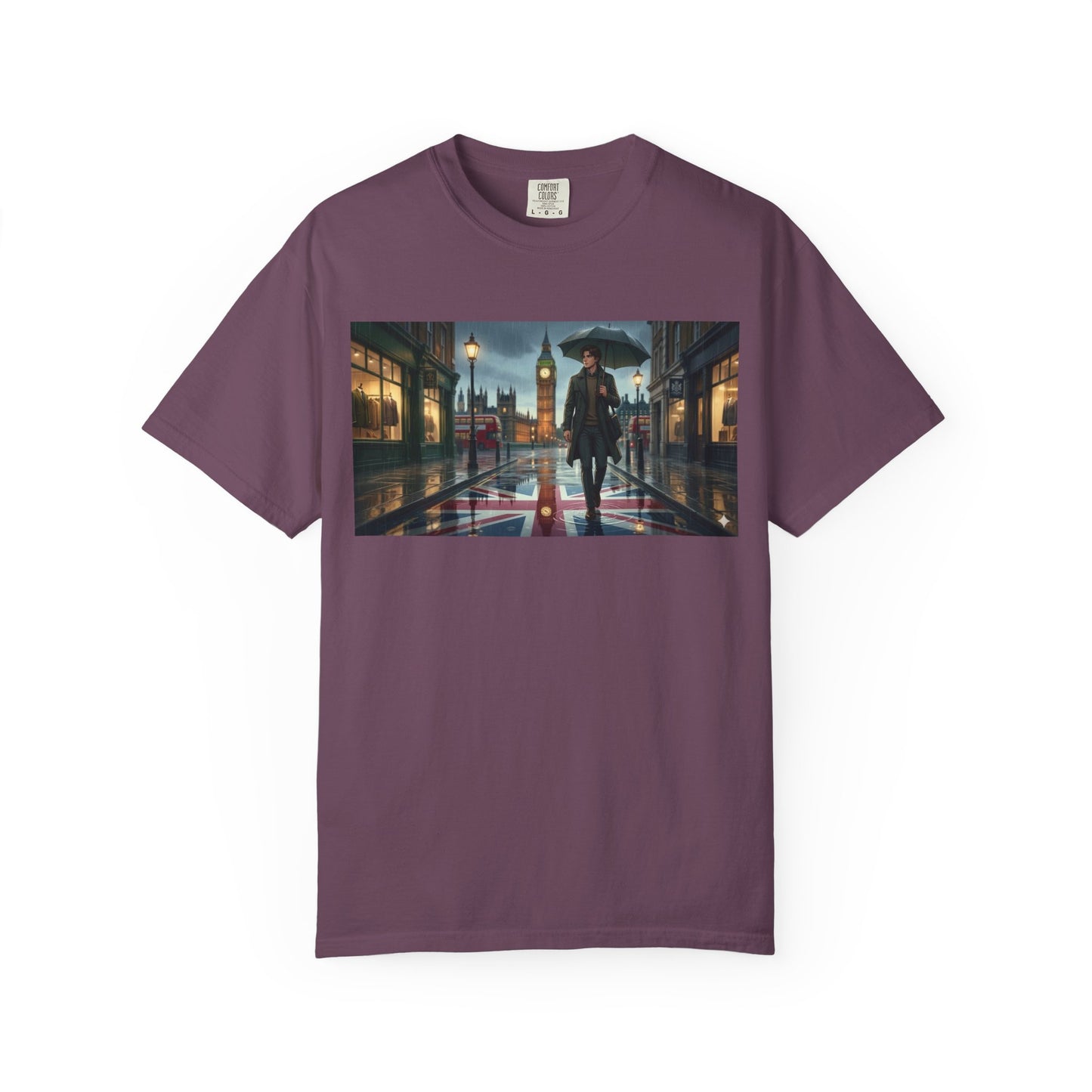 T-Shirt — Rainy London Street Scene Graphic Tee (Big Ben, Umbrella, Night Cityscape)