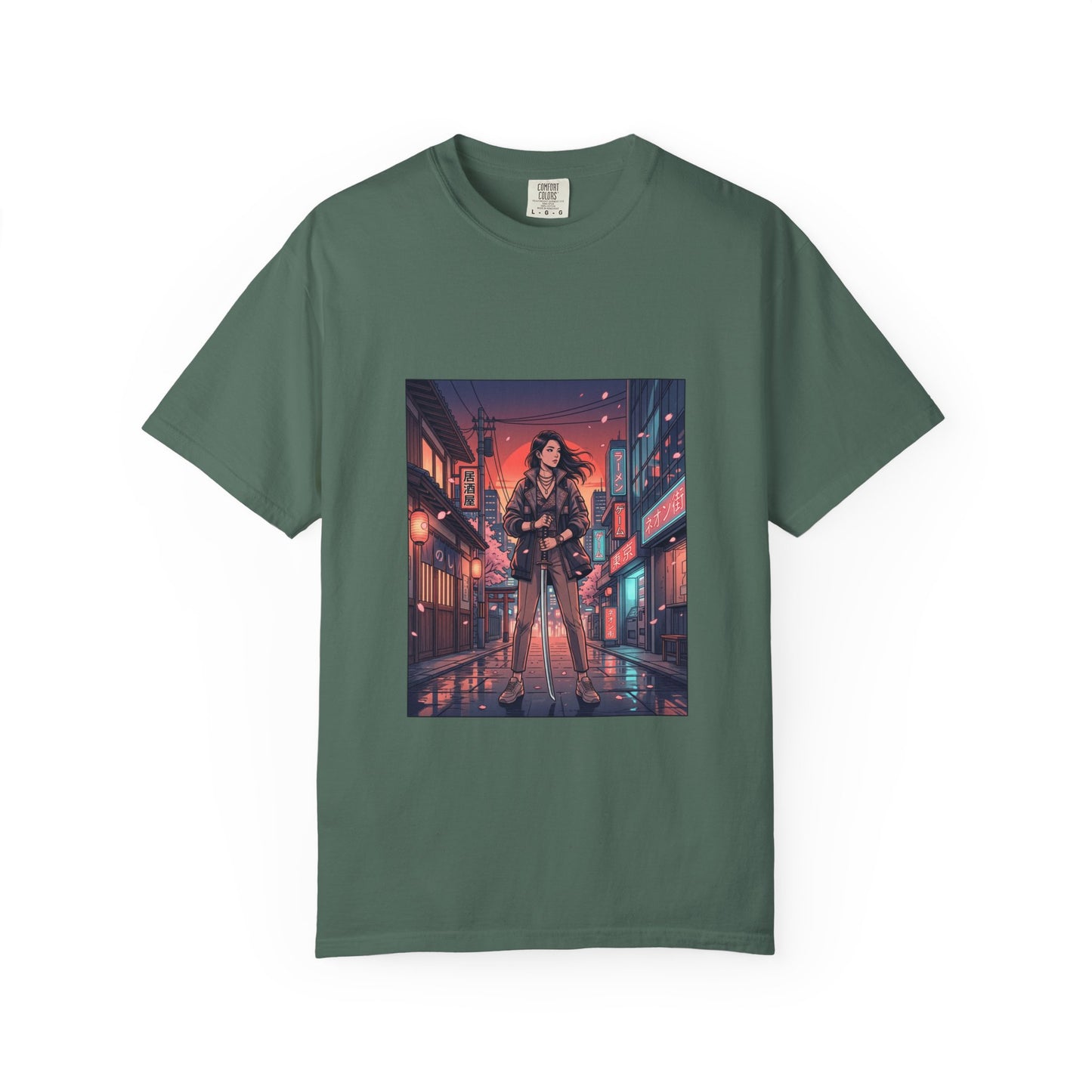 Cyberpunk Night Streets T‑Shirt — Neon Samurai Girl Graphic Tee