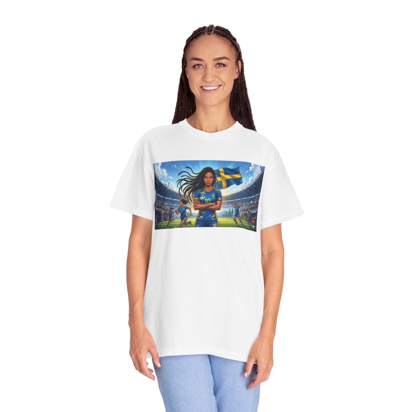 Swedish Soccer Pride T-Shirt — Female Footballer with Flag Stadium Design