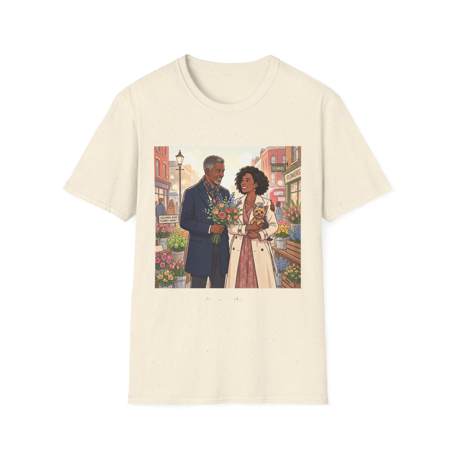 Romantic City Stroll T-Shirt — Couple Bouquet Illustration