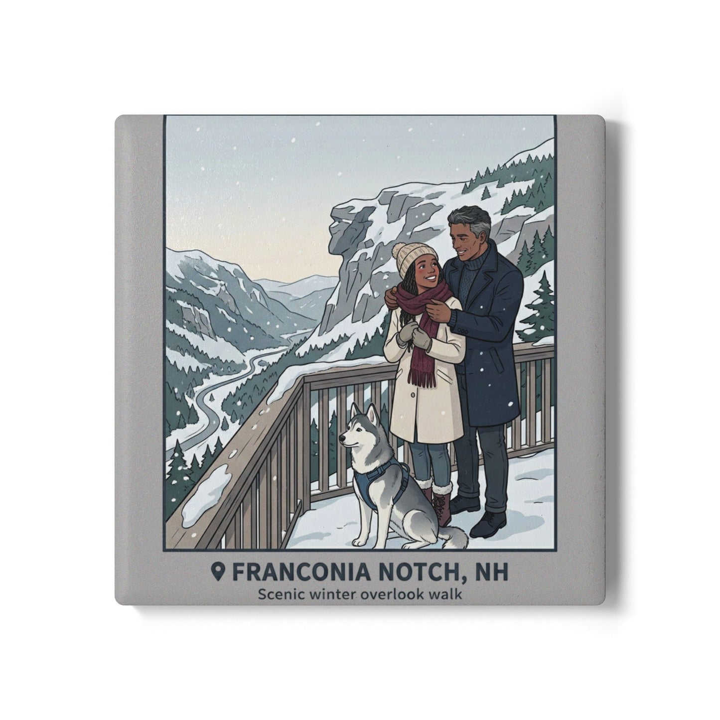 Franconia Notch Winter Scenic Ceramic Coaster — Couple with Husky Snowview