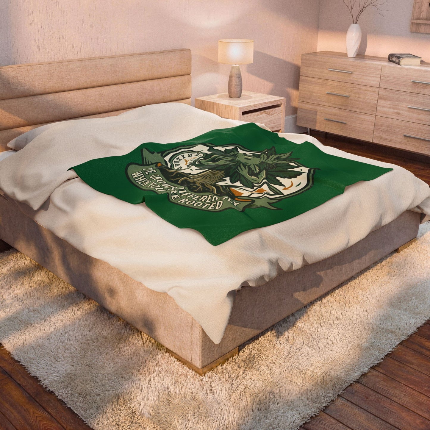 Velveteen Plush Blanket — “Time Grows Differently When You Are Rooted” Cozy Botanical Tree of Life Throw