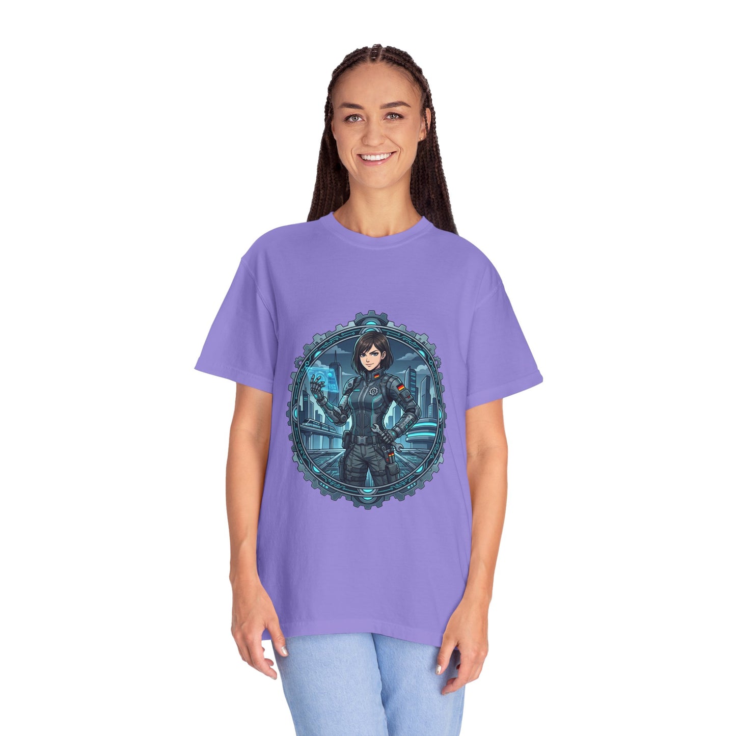 Cyber Ninja Graphic T-Shirt — Futuristic Female Warrior Illustration