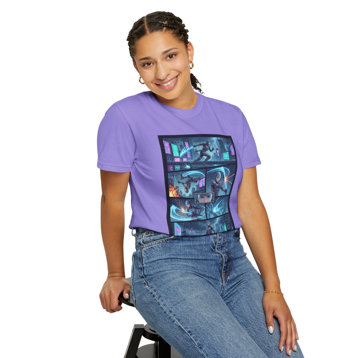Cyberpunk Girl Samurai T-Shirt — Neon Manga Panel Graphic Tee
