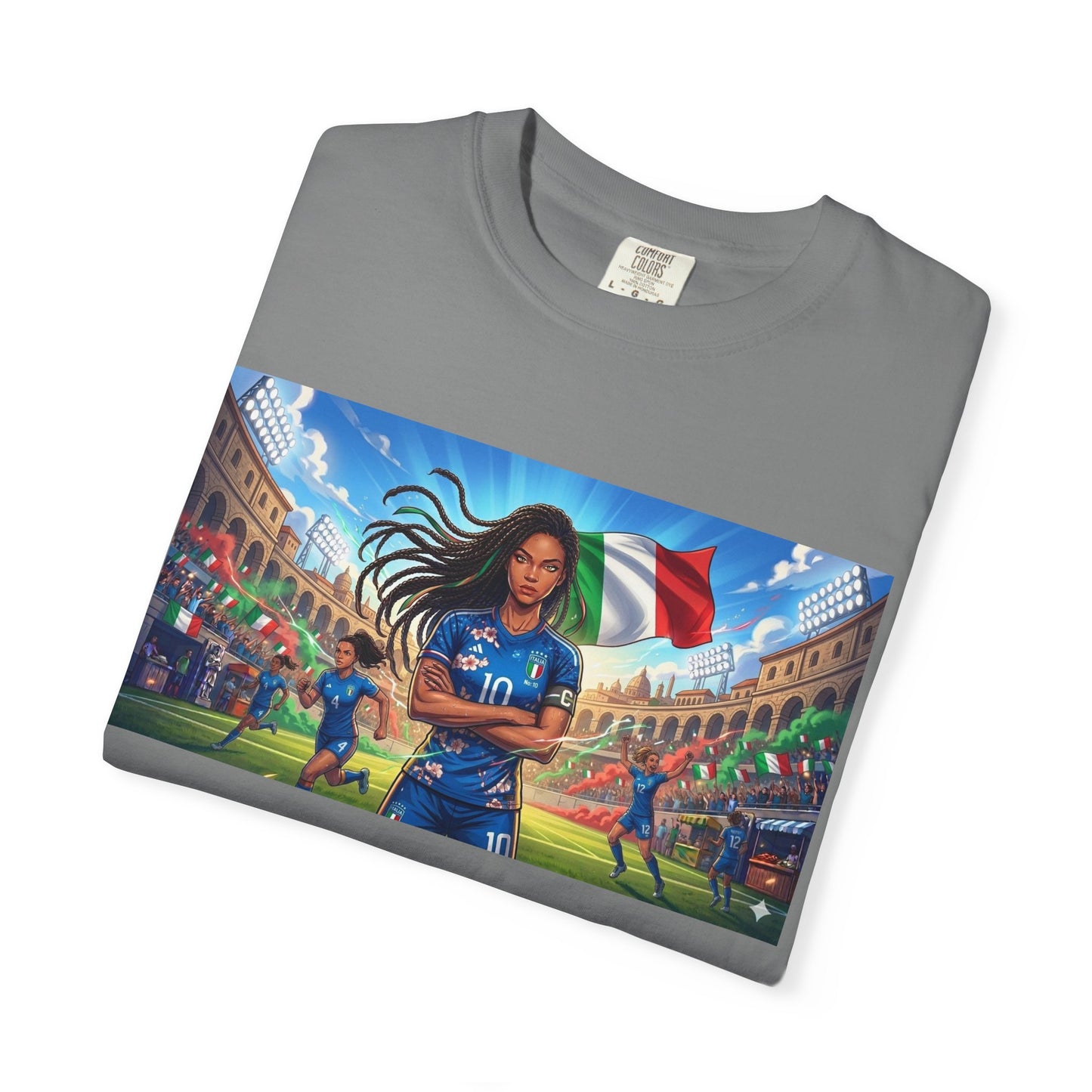 Italian Soccer Fan T‑Shirt – Inspirational Female Player with Italy Flag Stadium Print
