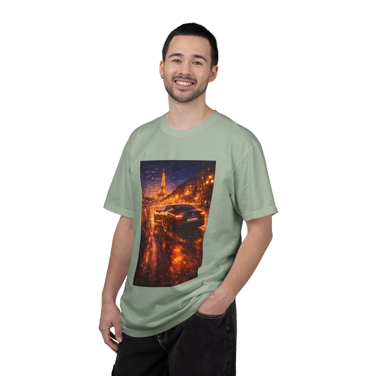 Paris Night Drive T-Shirt — Sports Car in Rainy Cityscape