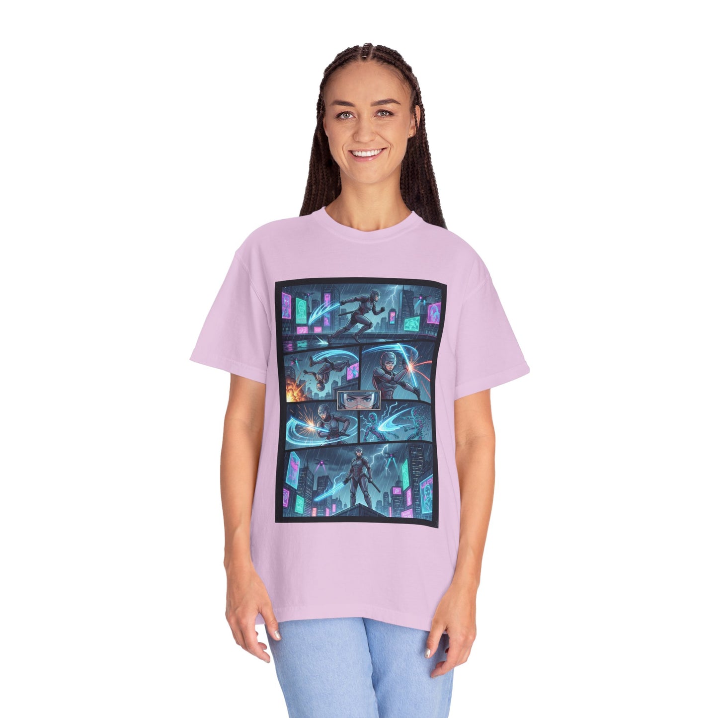 Cyberpunk Girl Samurai T-Shirt — Neon Manga Panel Graphic Tee
