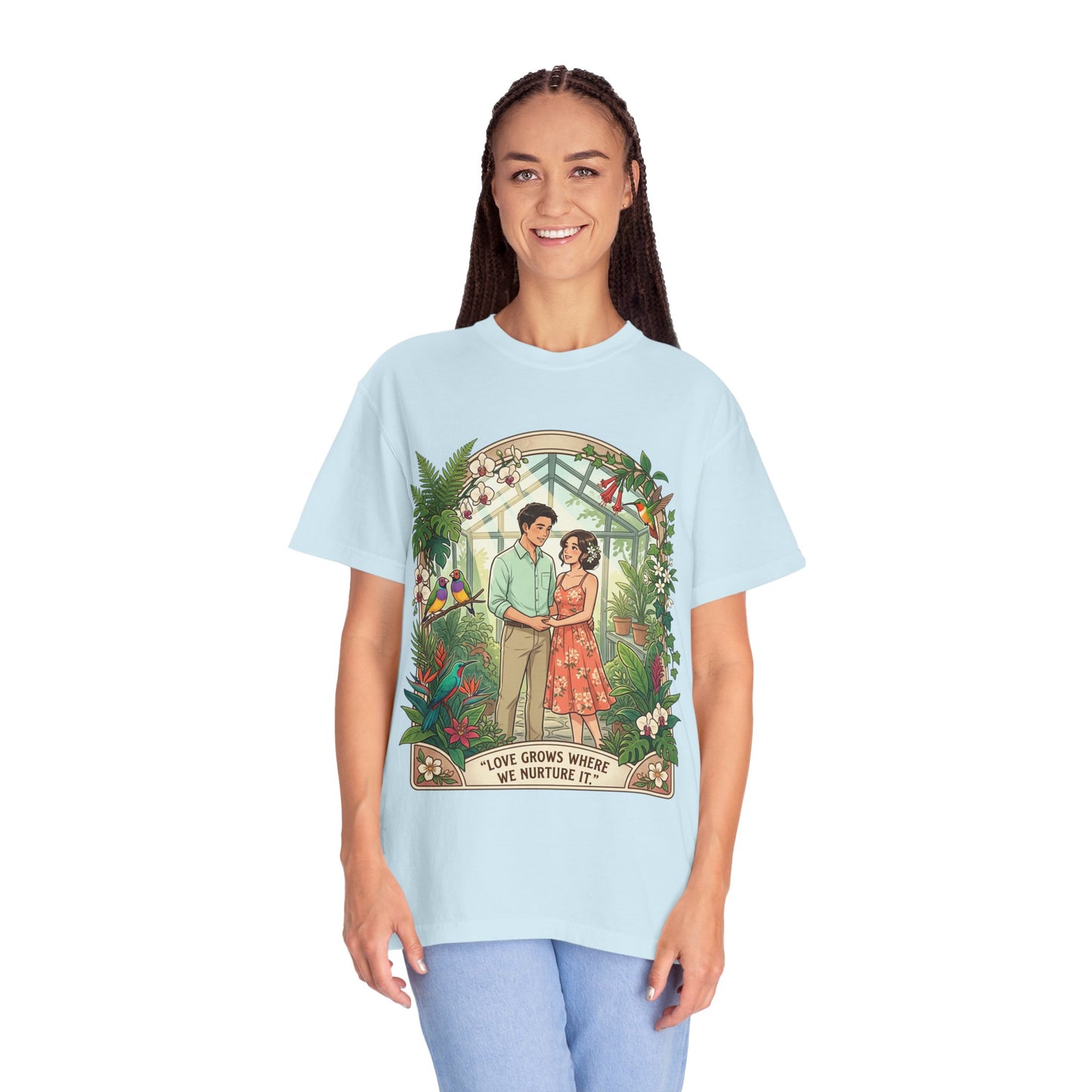 Romantic Greenhouse Couples T-Shirt — “Love Grows Where We Nurture It”