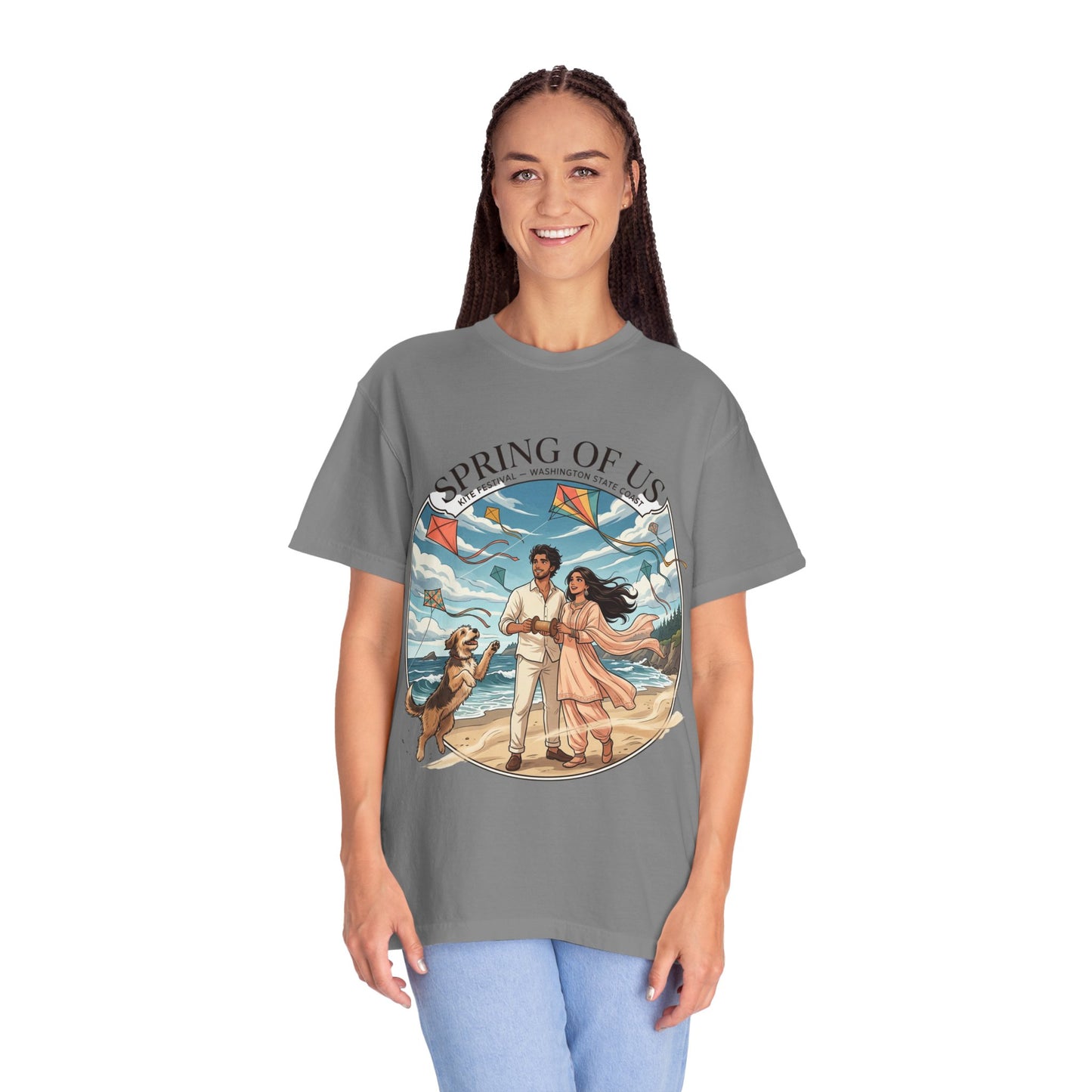 Spring of Us T-Shirt — Romantic Beach Couple Illustration with Dog