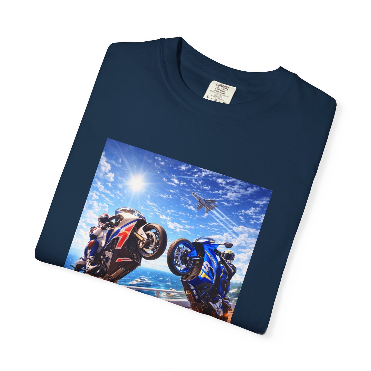 Stunt Riders Motorcycle T-Shirt — Two Bike Wheelie Racing Graphic Tee