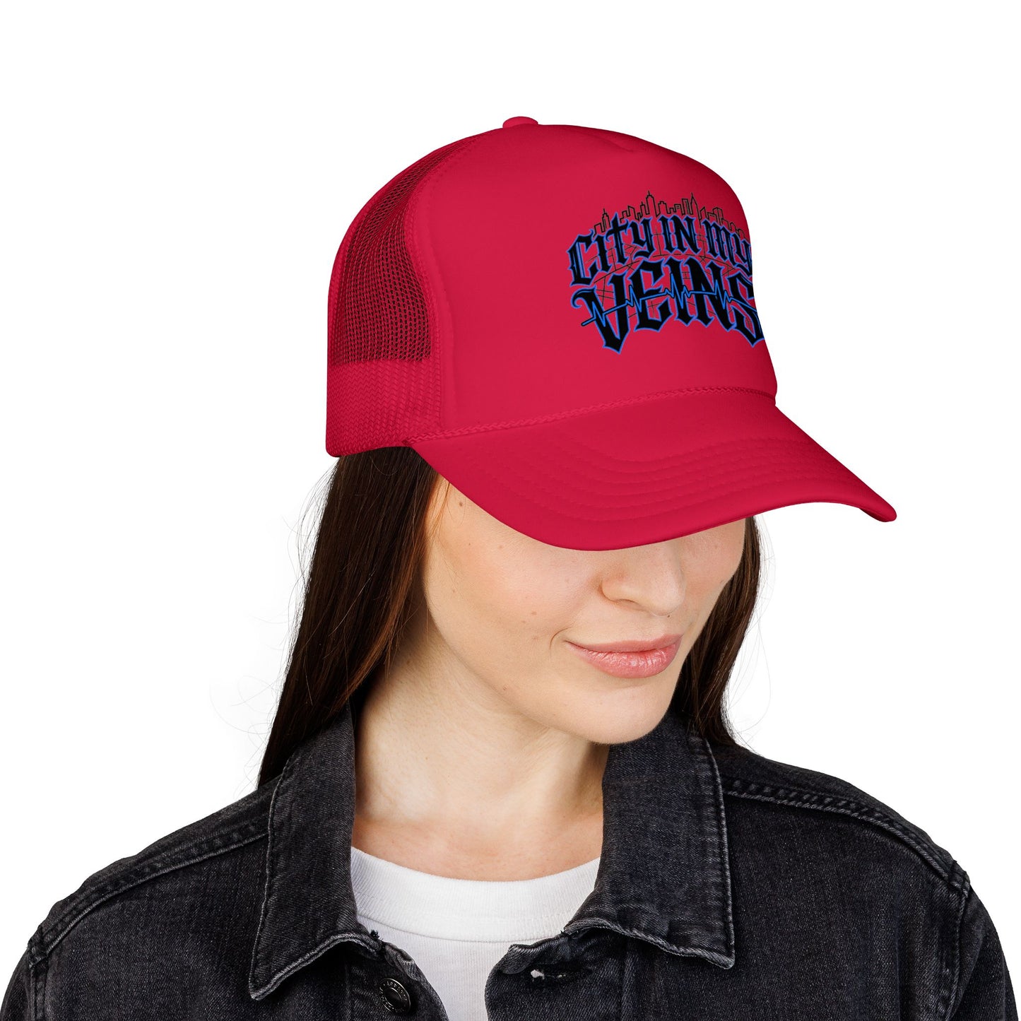 City In My Veins Foam Trucker Hat — Urban Gothic Blue Embroidered Cap