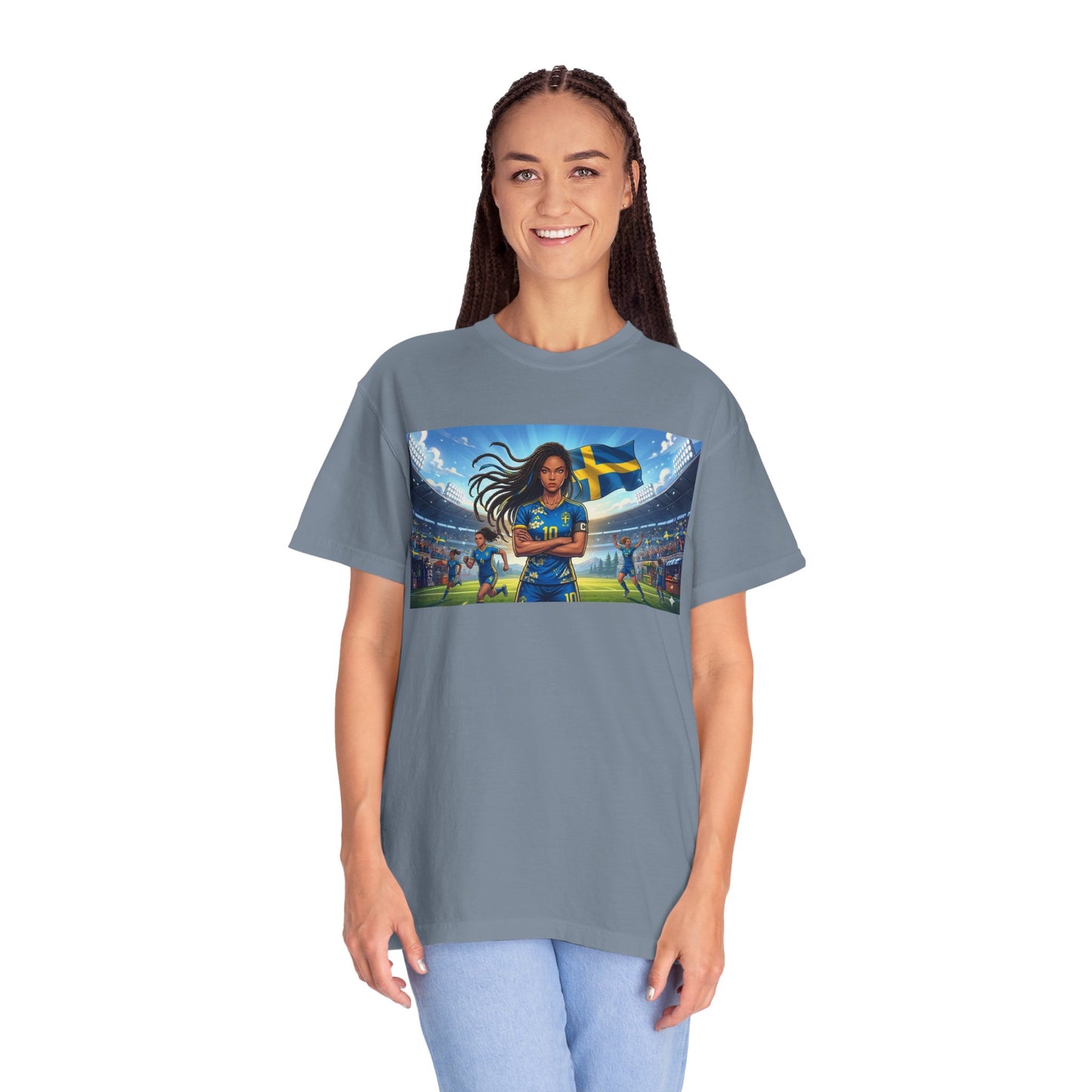 Swedish Soccer Pride T-Shirt — Female Footballer with Flag Stadium Design
