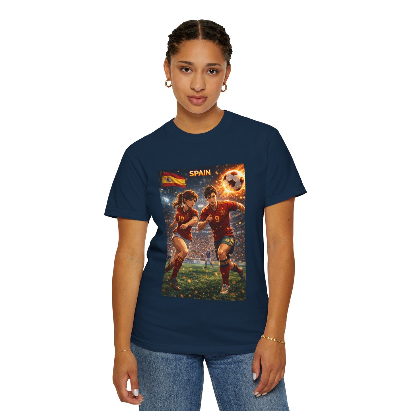 Spain Soccer Graphic T-Shirt — Retro Match Scene with Flag