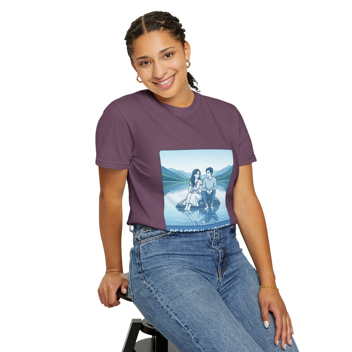 Peaceful Moments Tee — Couple Sitting by Lake Graphic T-Shirt