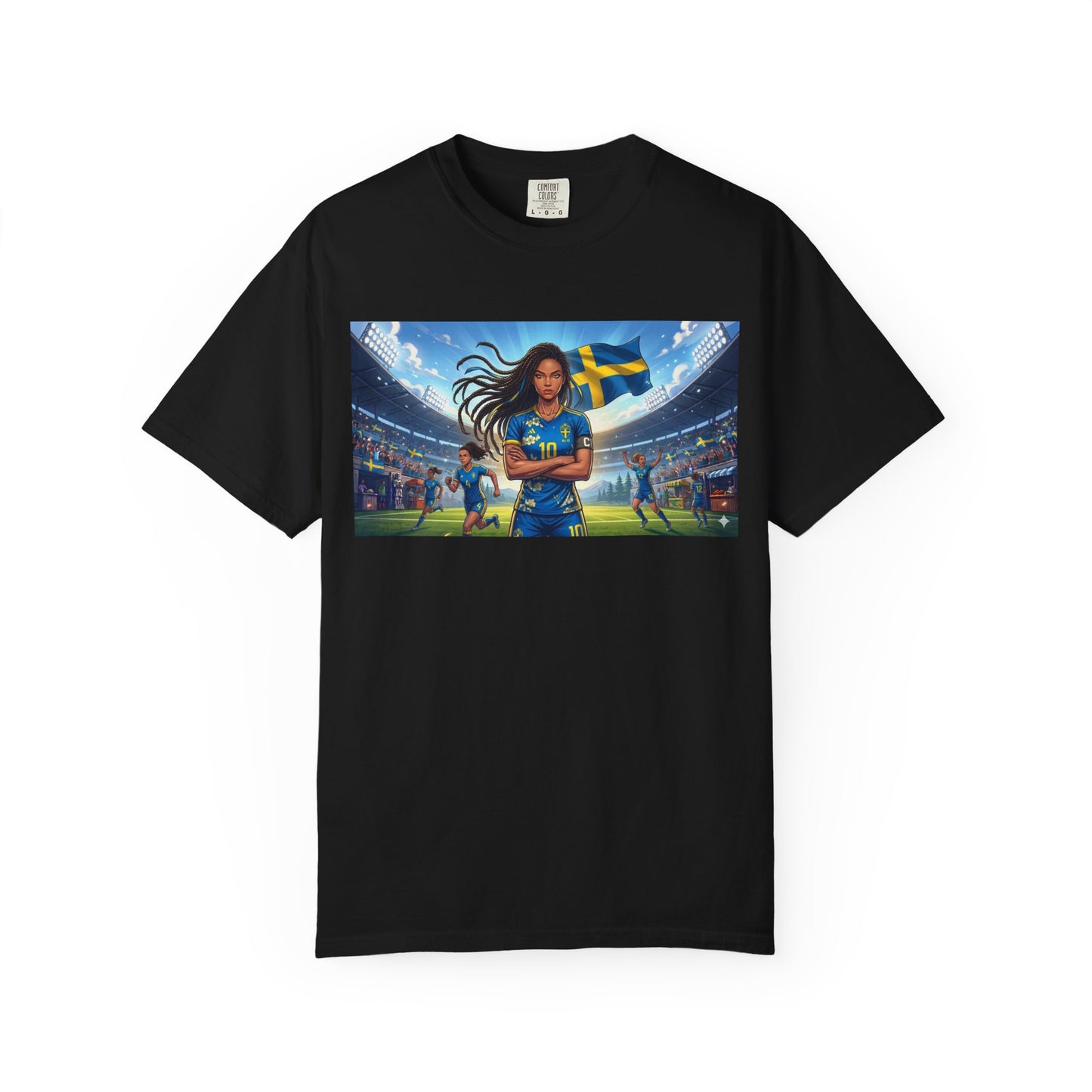 Swedish Soccer Pride T-Shirt — Female Footballer with Flag Stadium Design