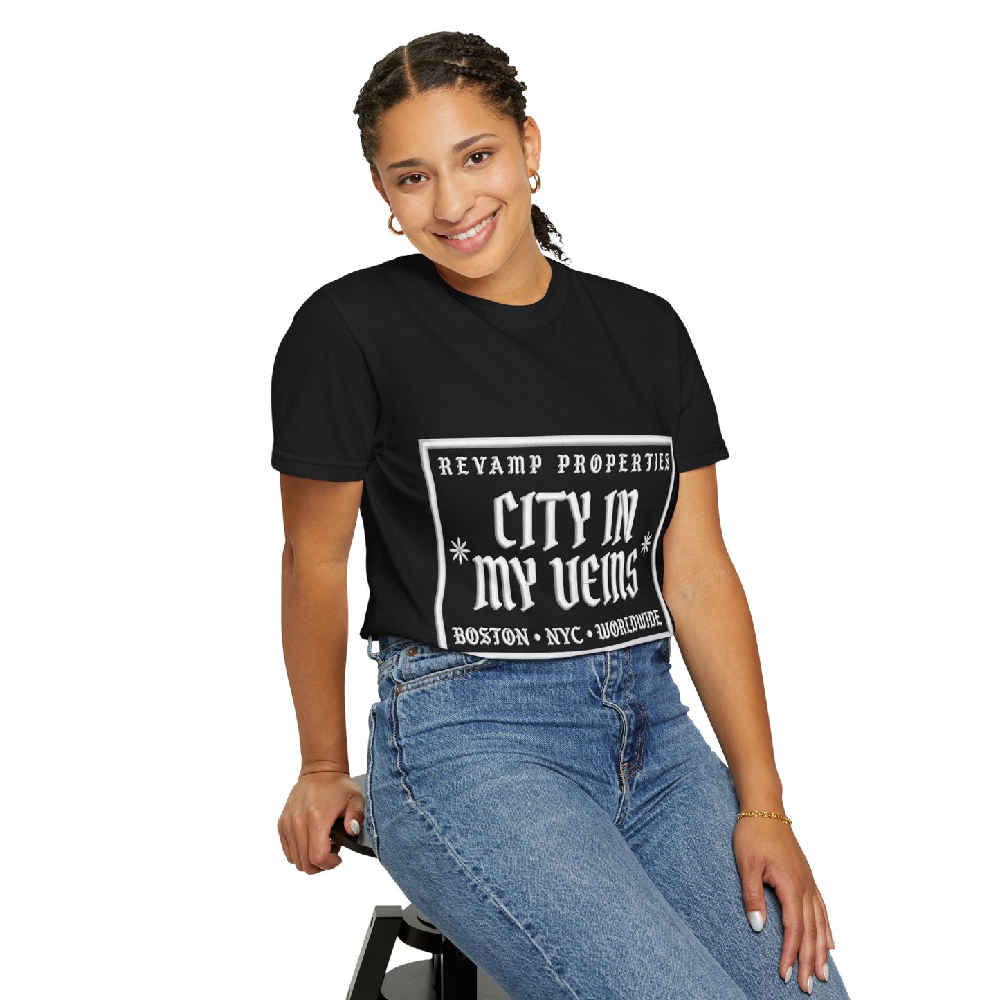City In My Veins T‑Shirt — Vintage Cityscape Tee (Boston • NYC • Manchester)