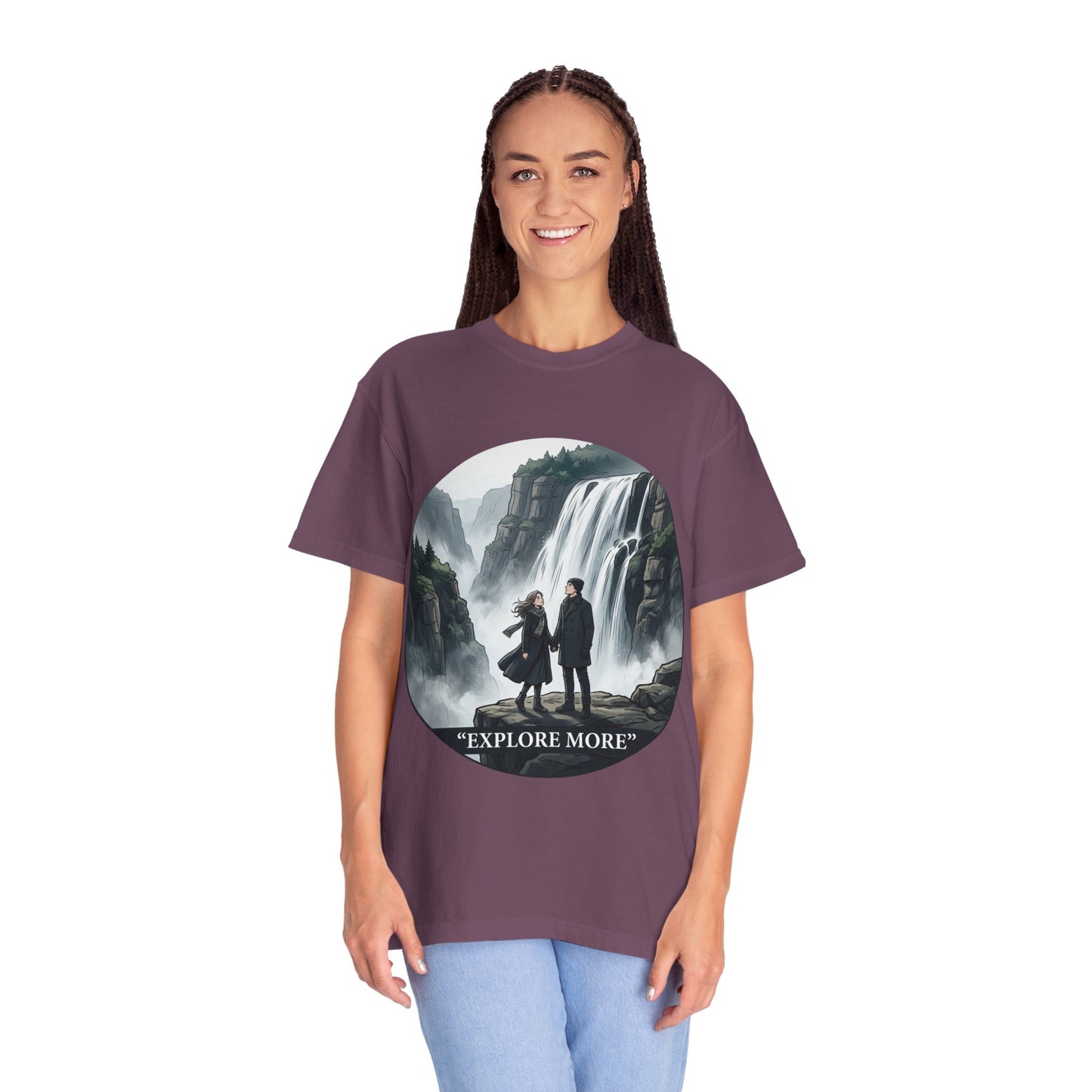 Explore More T-Shirt — Adventure Graphic Tee with Waterfall Scene