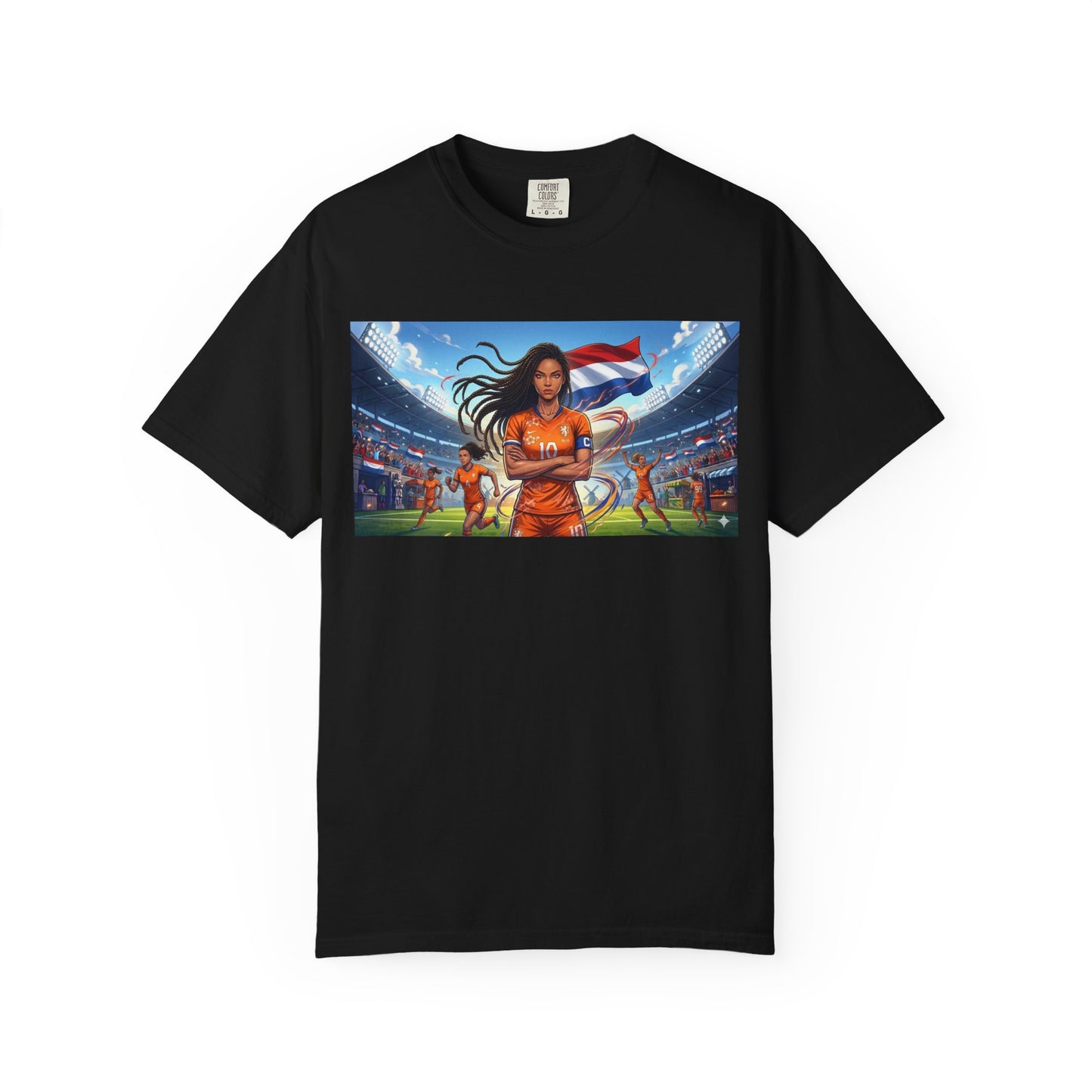 Soccer Warrior T-Shirt — Netherlands Female Captain with Flag Stadium Graphic