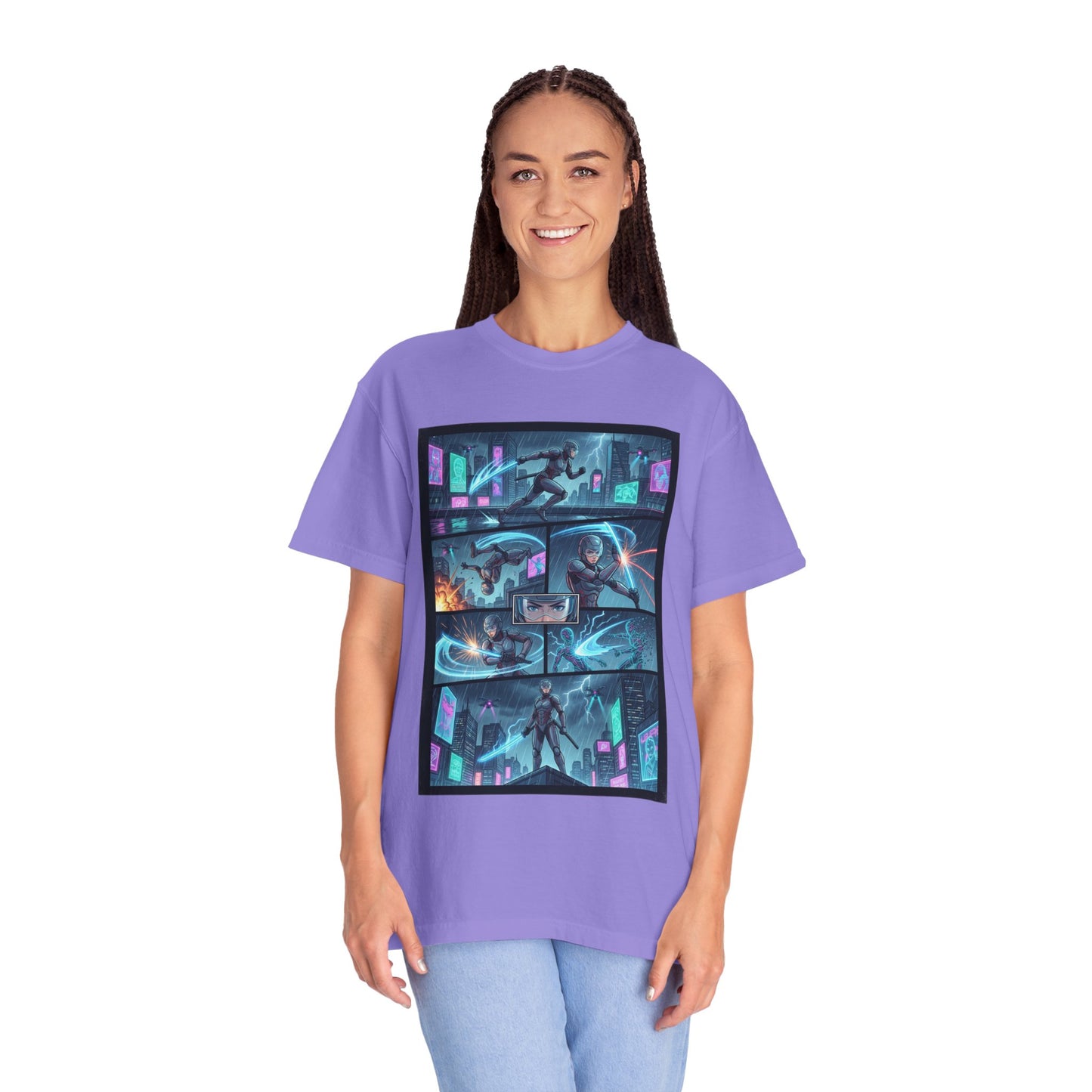 Cyberpunk Girl Samurai T-Shirt — Neon Manga Panel Graphic Tee