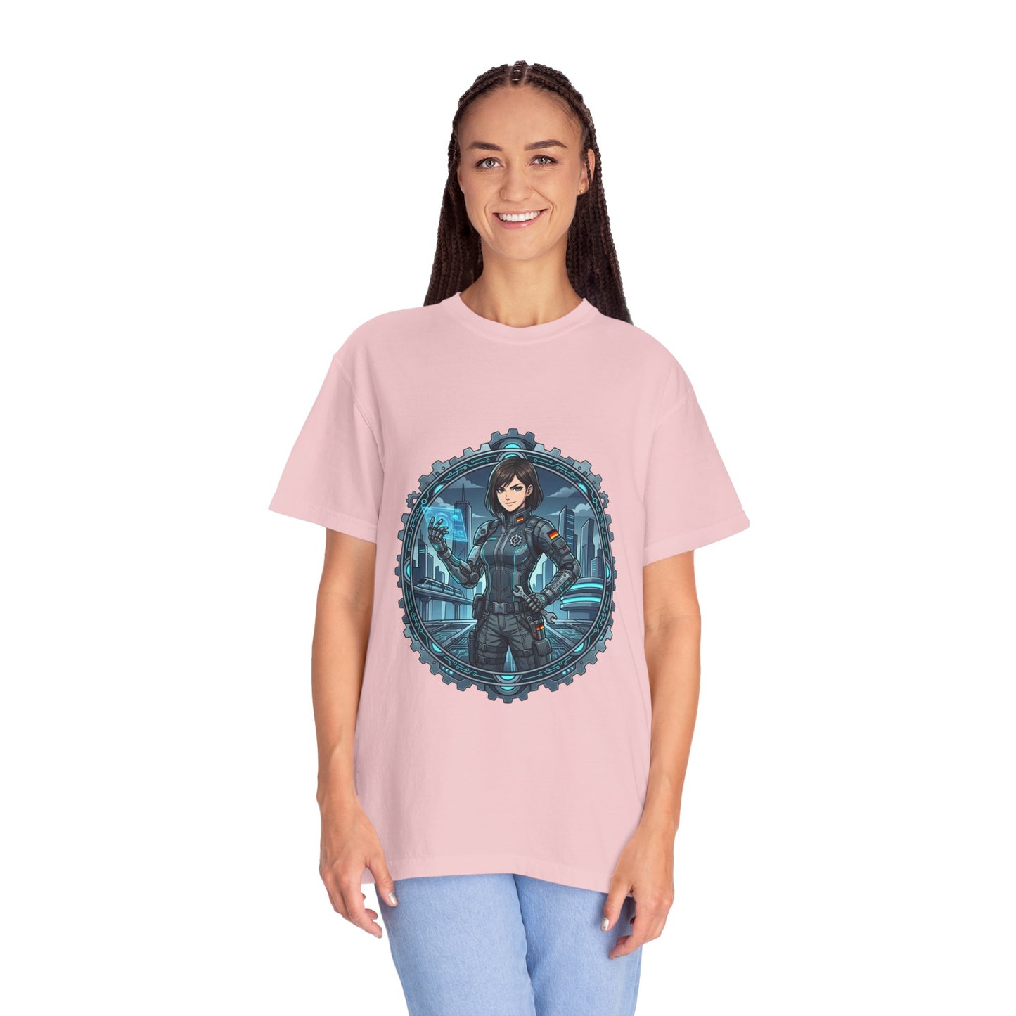 Cyber Ninja Graphic T-Shirt — Futuristic Female Warrior Illustration