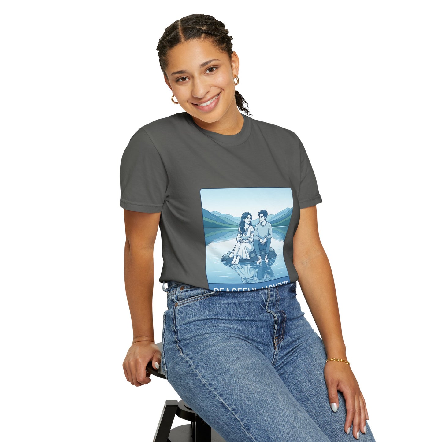 Peaceful Moments Tee — Couple Sitting by Lake Graphic T-Shirt