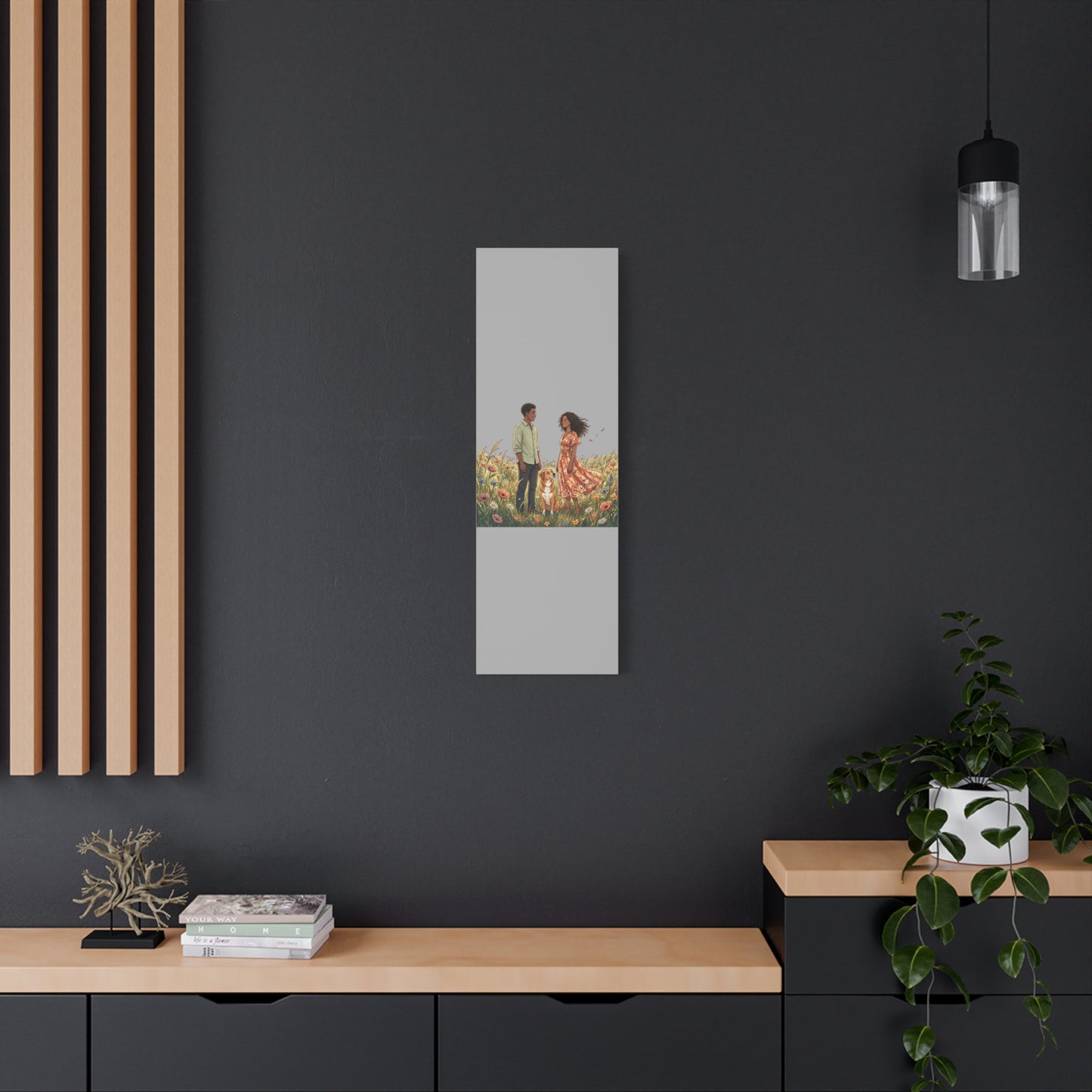 Romantic Couple in Wildflower Field Canvas Art — Black Love Wall Decor with Dog