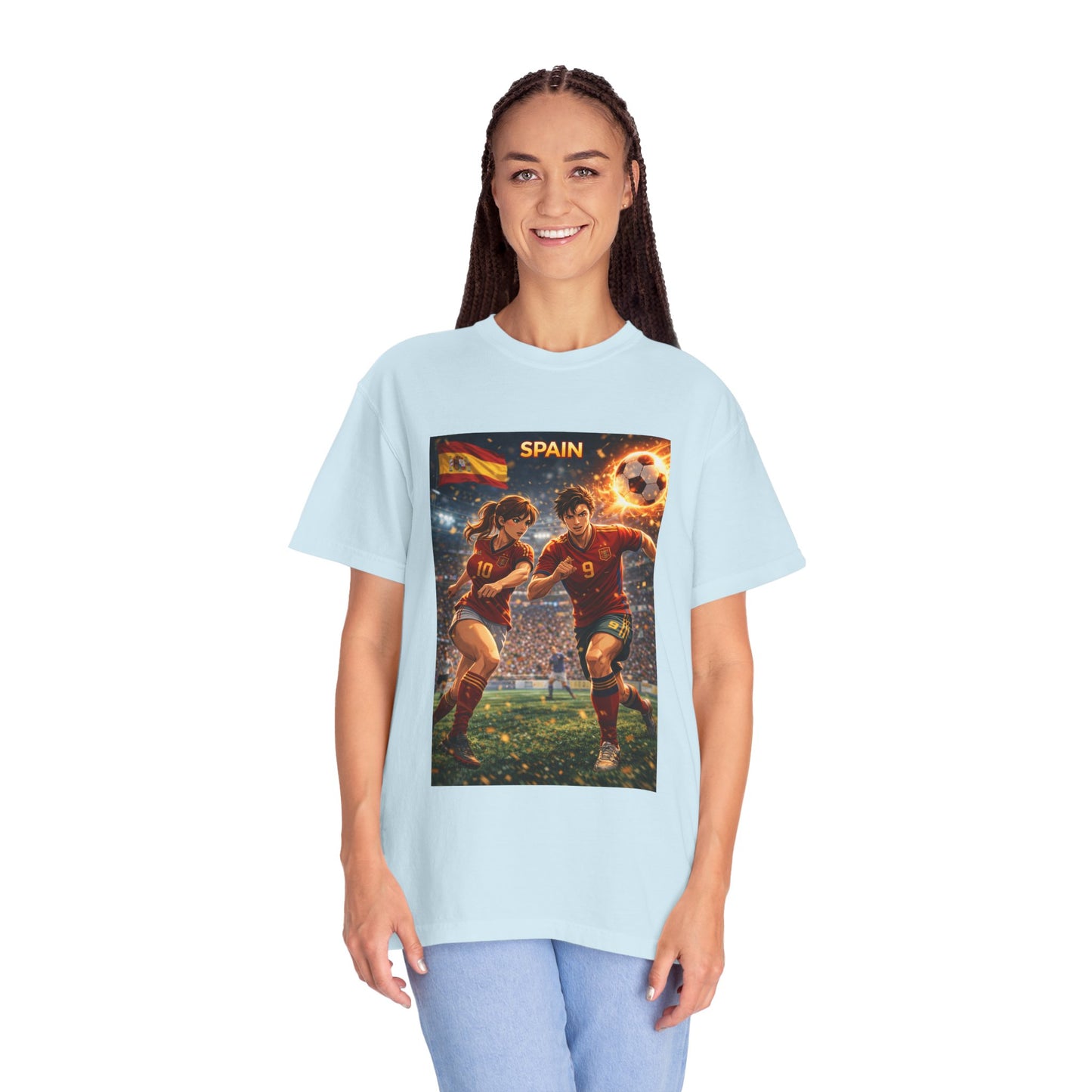 Spain Soccer Graphic T-Shirt — Retro Match Scene with Flag