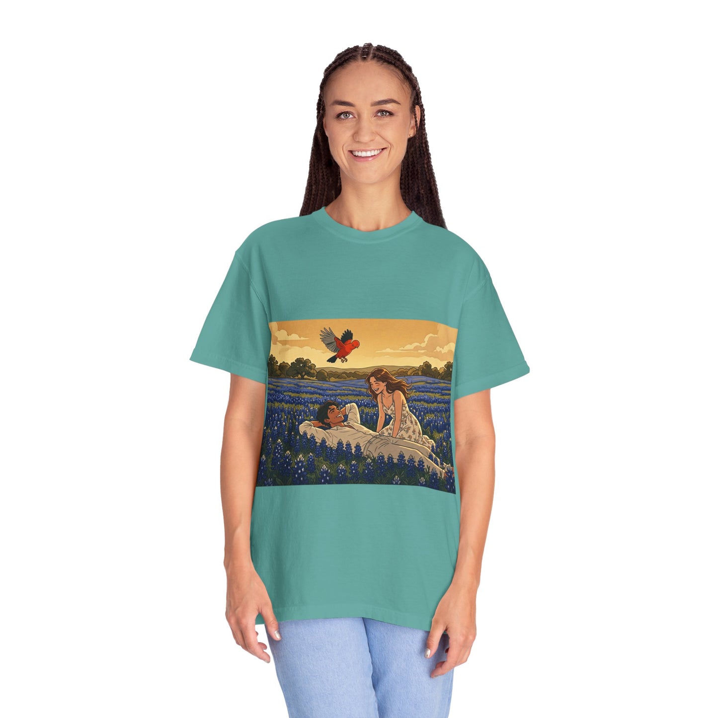 Romantic Bluebonnet Field T-Shirt — Couple in Wildflower Meadow Art Tee